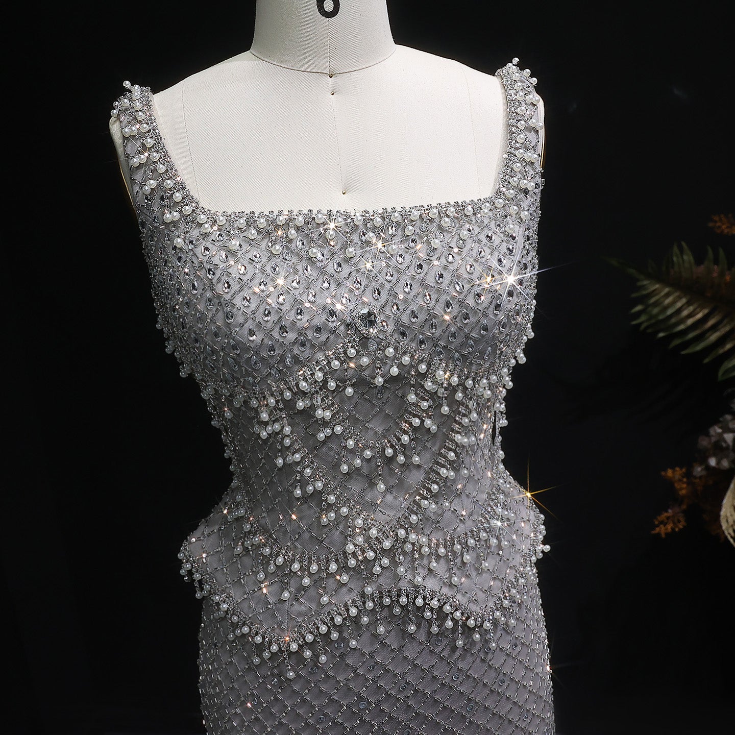 Square Neck Luxury Champagne Crystal Beaded Mermaid Evening Dress SS631 Sheer Fairy