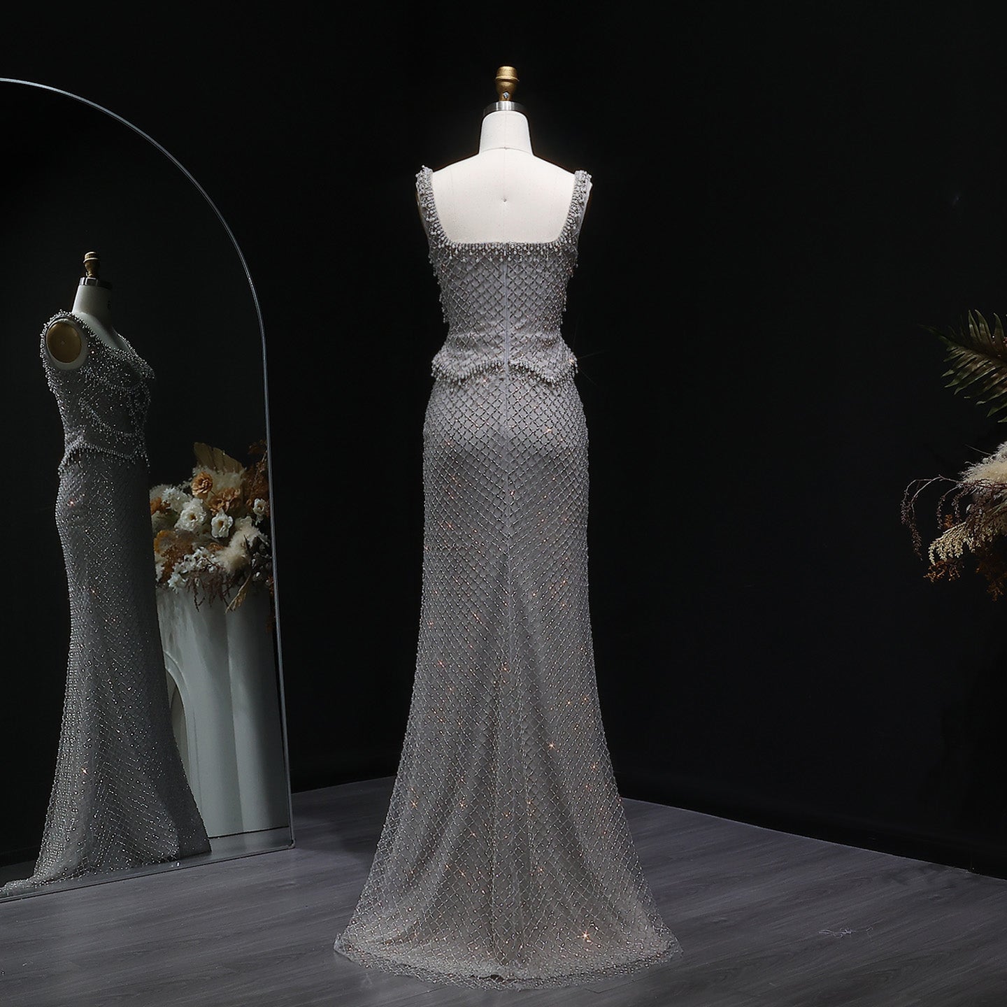 Square Neck Luxury Champagne Crystal Beaded Mermaid Evening Dress SS631 Sheer Fairy