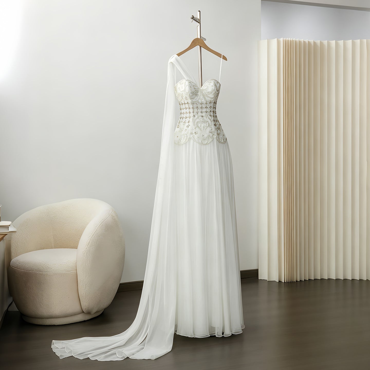 Blush Pink One-Shoulder Beaded Chiffon Evening Dress Gown SS285 Sheer Fairy