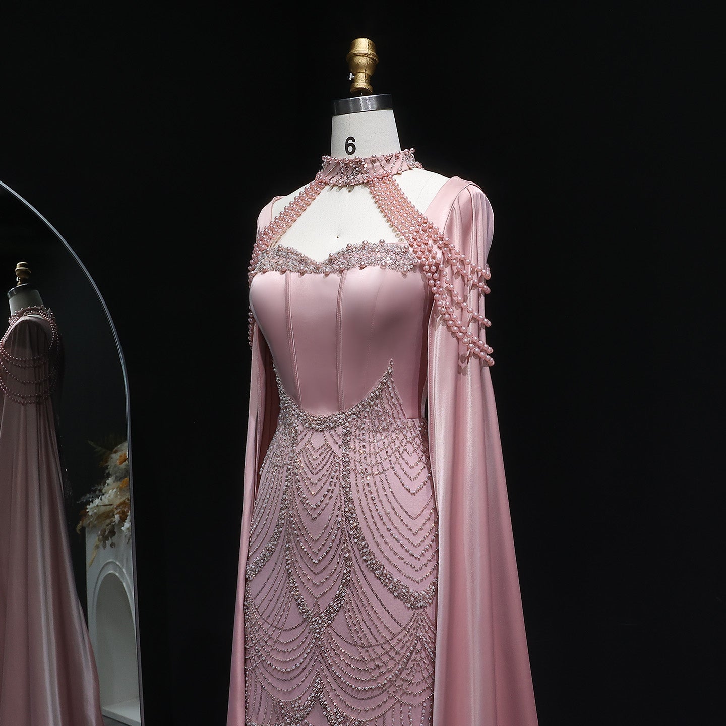 Luxury Blush Pink Beaded Mermaid Long Evening Dress with Cape SS662 Sheer Fairy