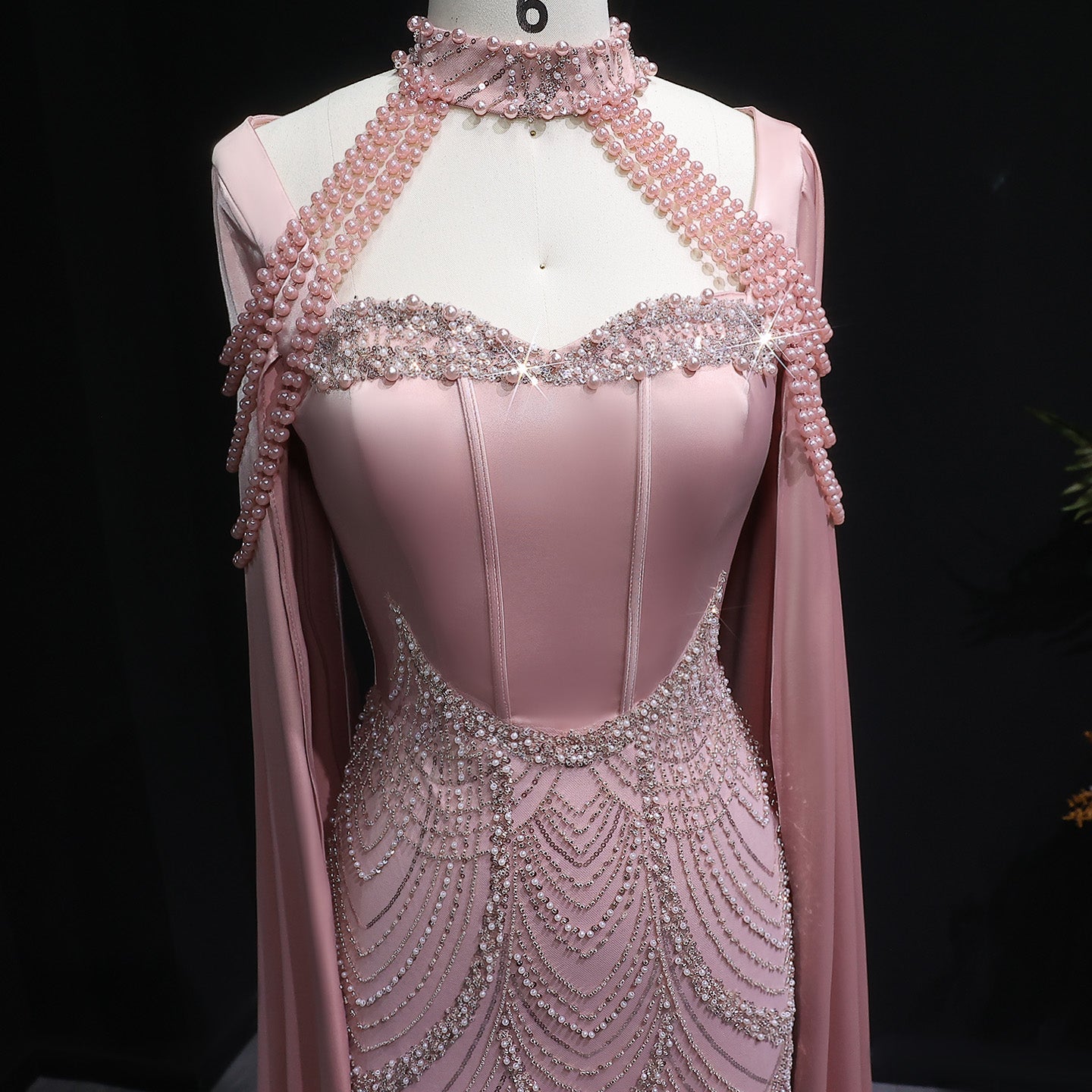 Luxury Blush Pink Beaded Mermaid Long Evening Dress with Cape SS662 Sheer Fairy
