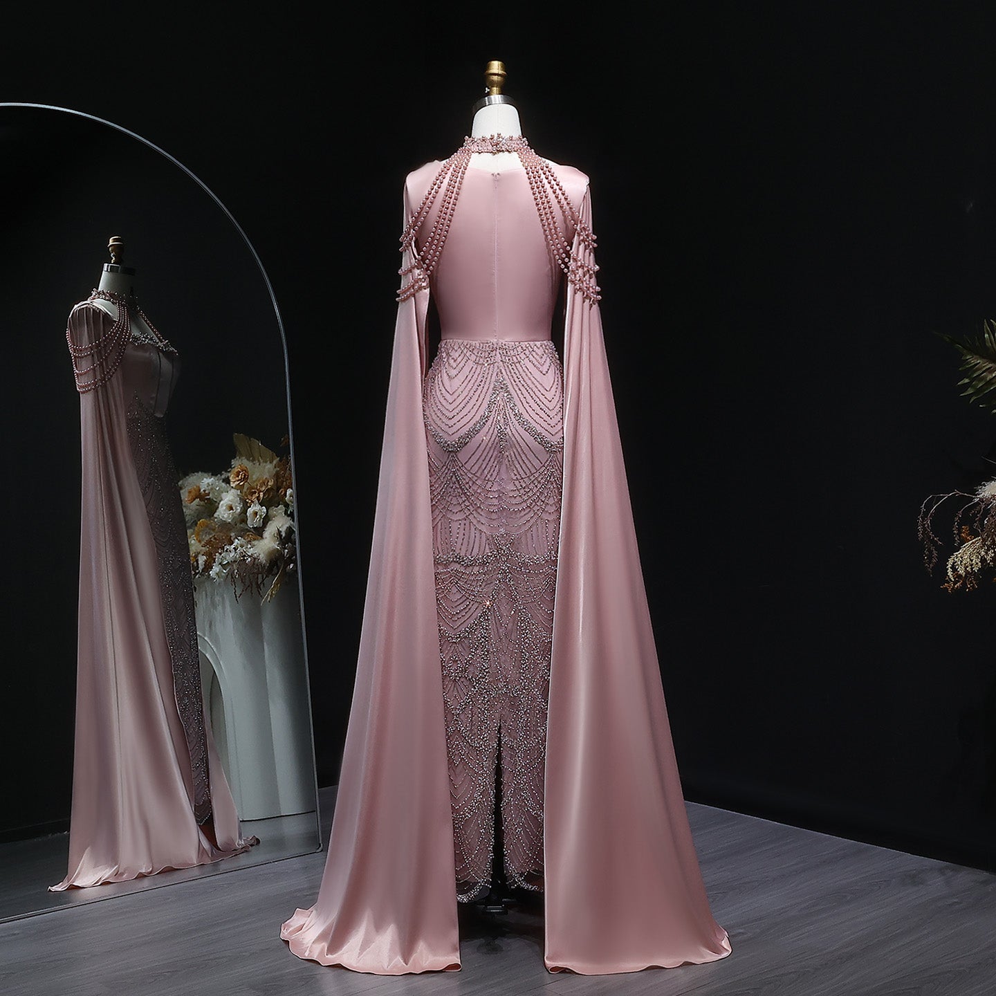 Luxury Blush Pink Beaded Mermaid Long Evening Dress with Cape SS662 Sheer Fairy