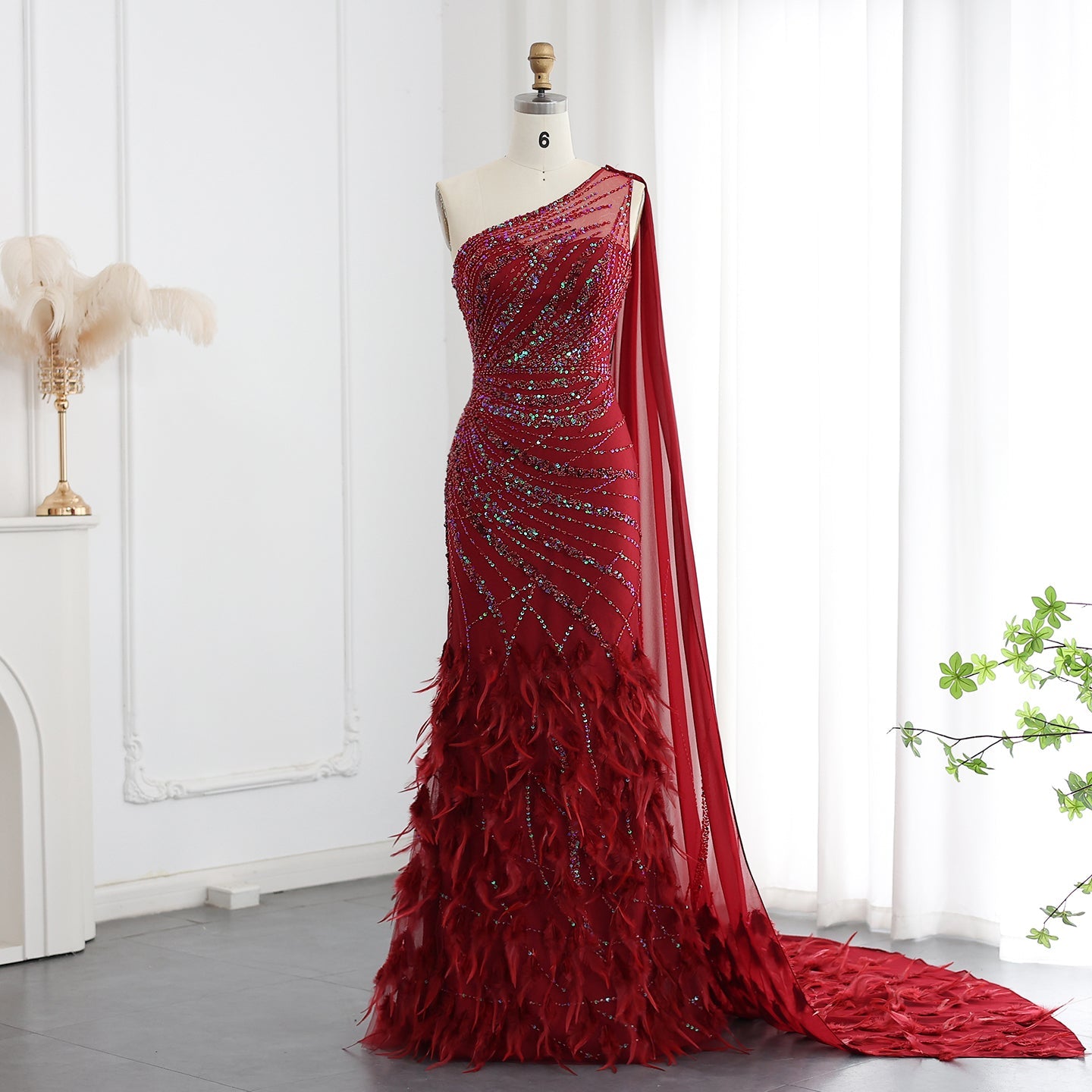 Turquoise One-Shoulder Mermaid Evening Dress with Beading & Feather SS498 Sheer Fairy