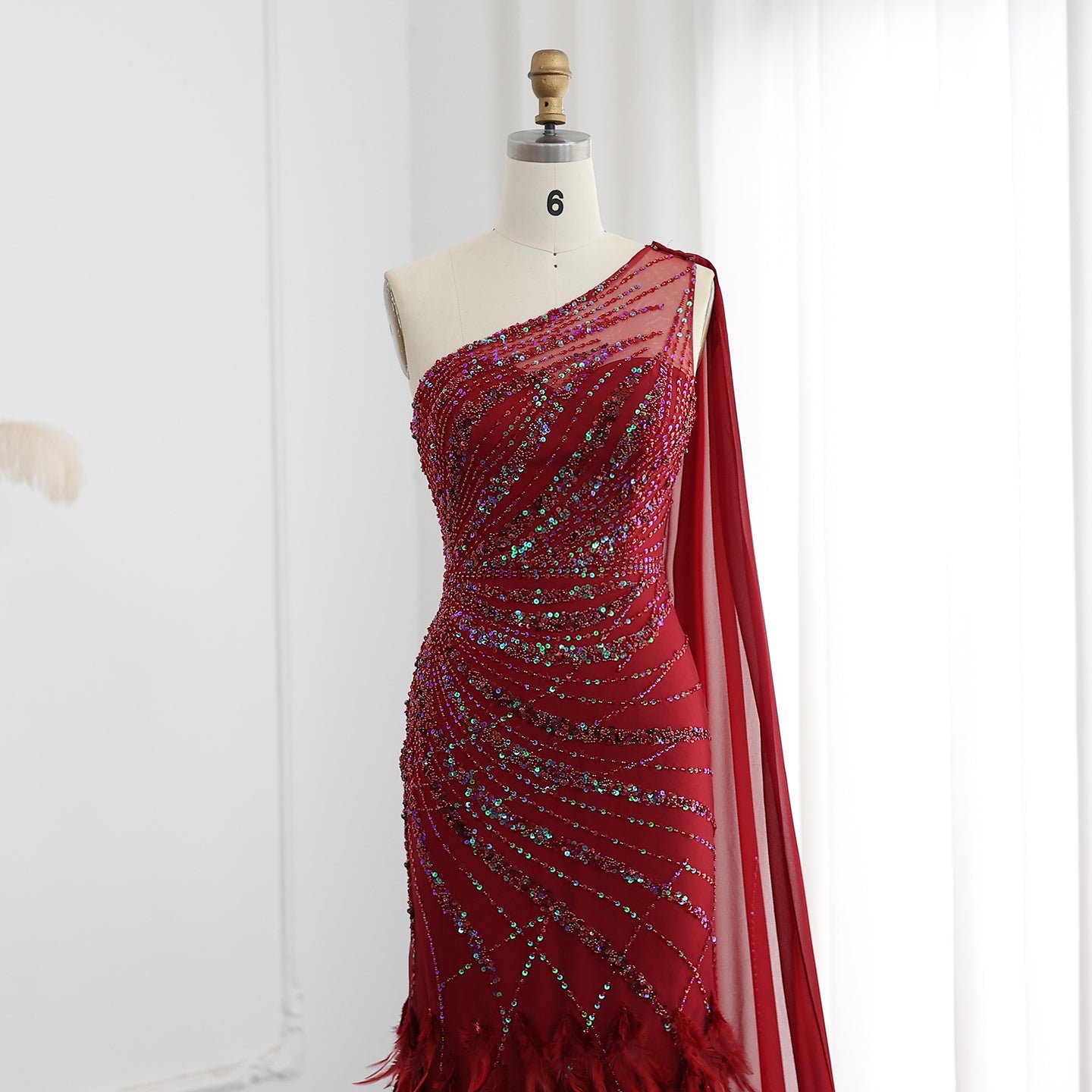Turquoise One-Shoulder Mermaid Evening Dress with Beading & Feather SS498 Sheer Fairy