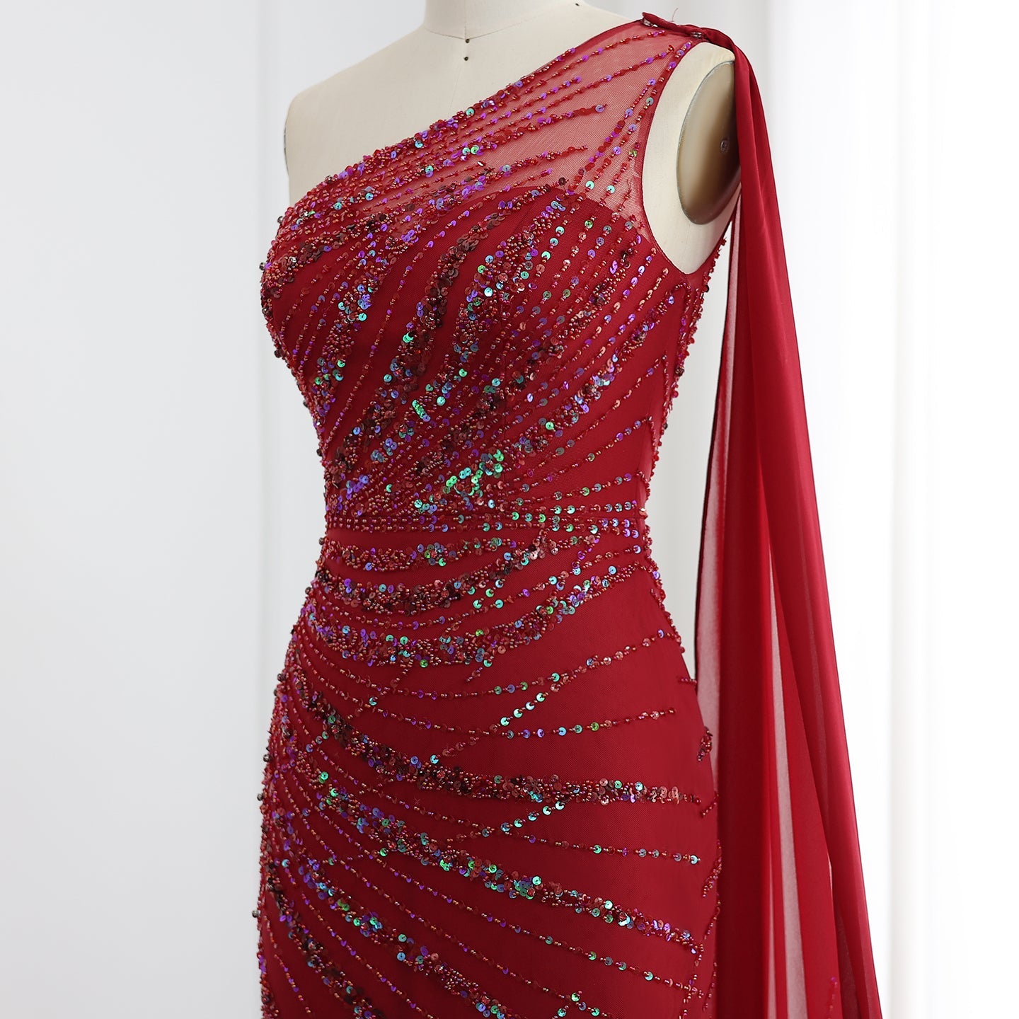 Turquoise One-Shoulder Mermaid Evening Dress with Beading & Feather SS498 Sheer Fairy