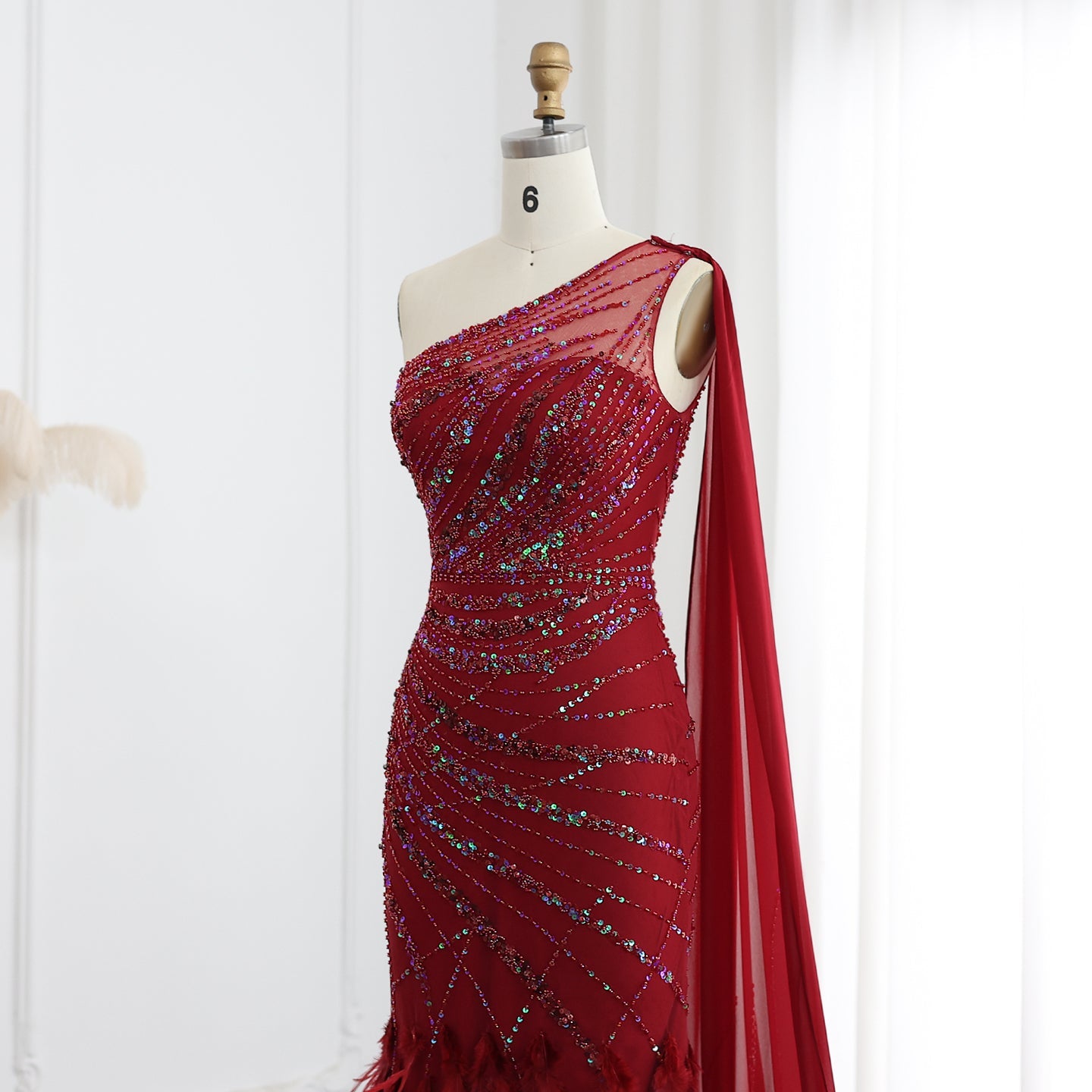 Turquoise One-Shoulder Mermaid Evening Dress with Beading & Feather SS498 Sheer Fairy