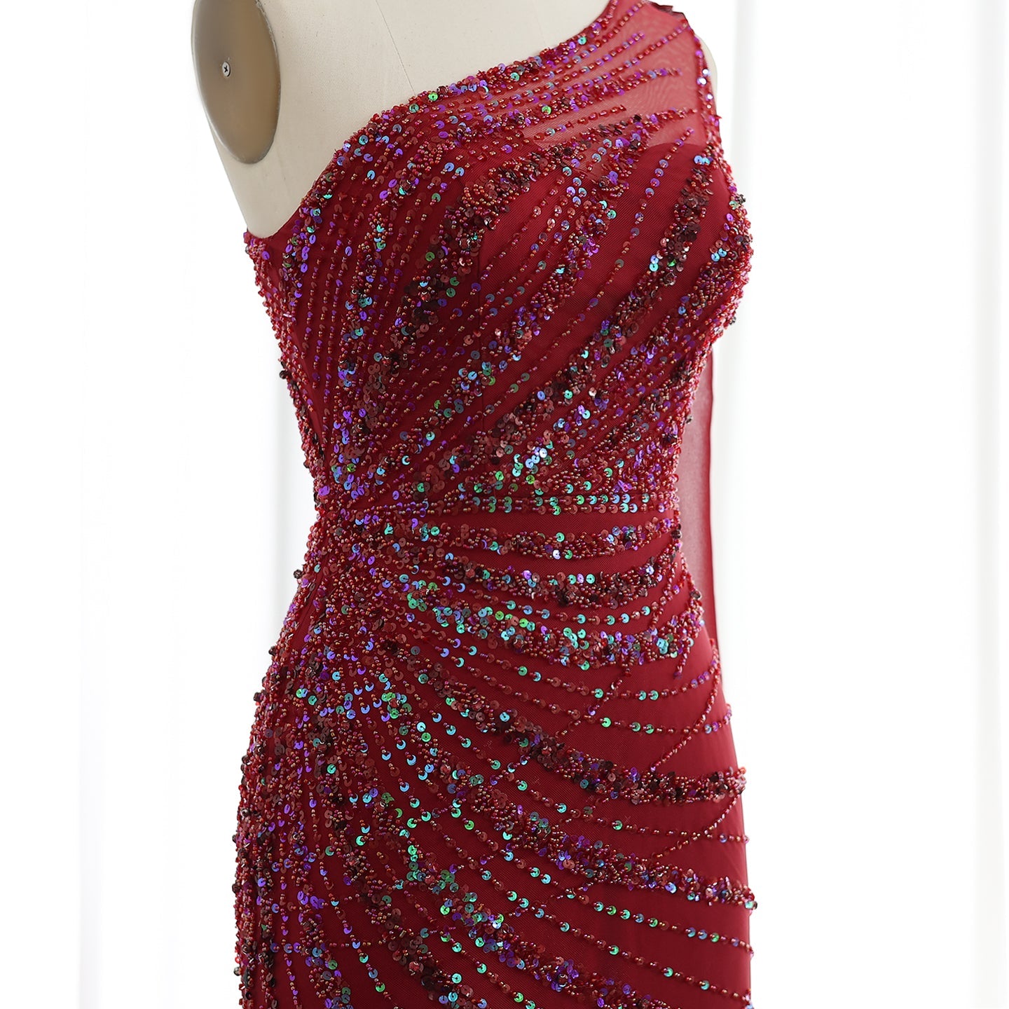 Turquoise One-Shoulder Mermaid Evening Dress with Beading & Feather SS498 Sheer Fairy