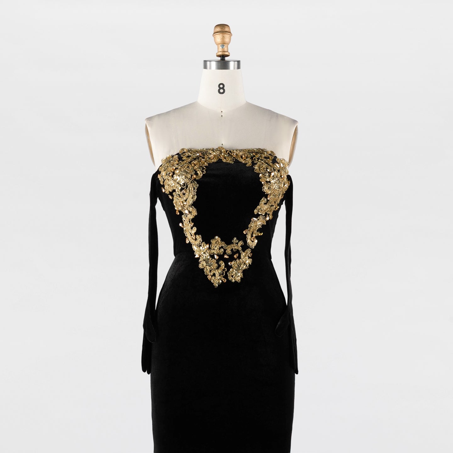 Black Velvet Strapless Evening Dress with Gold Baroque Embroidery ST030 Sheer Fairy