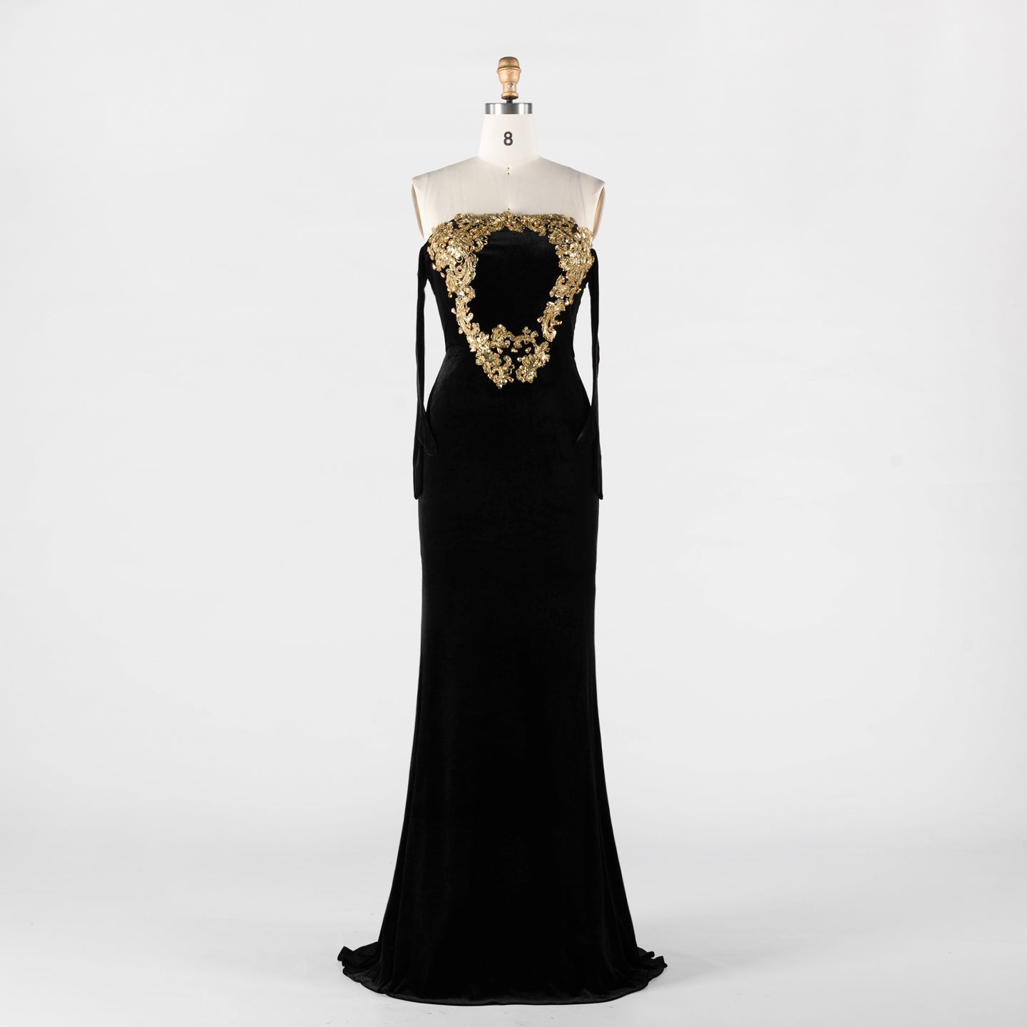 Black Velvet Strapless Evening Dress with Gold Baroque Embroidery ST030 Sheer Fairy