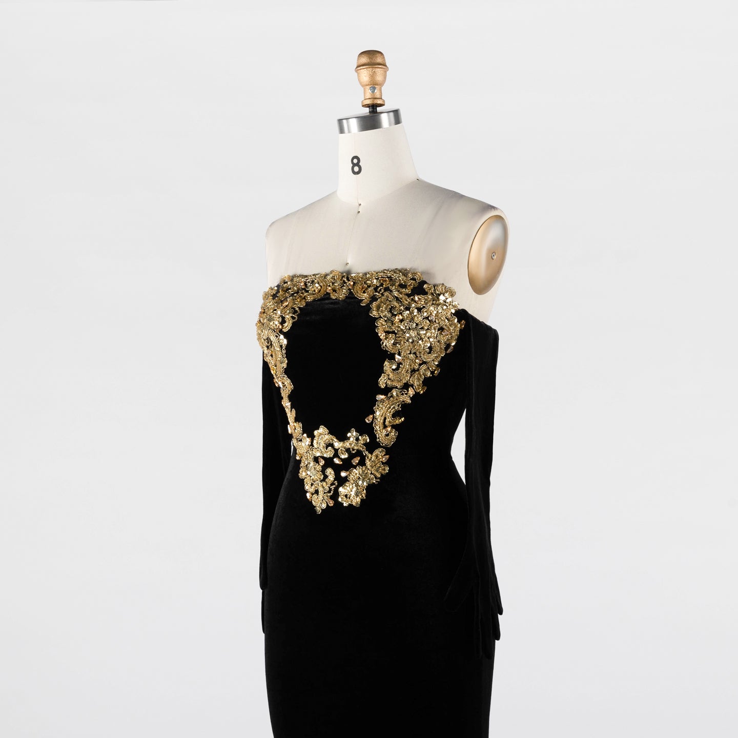 Black Velvet Strapless Evening Dress with Gold Baroque Embroidery ST030 Sheer Fairy