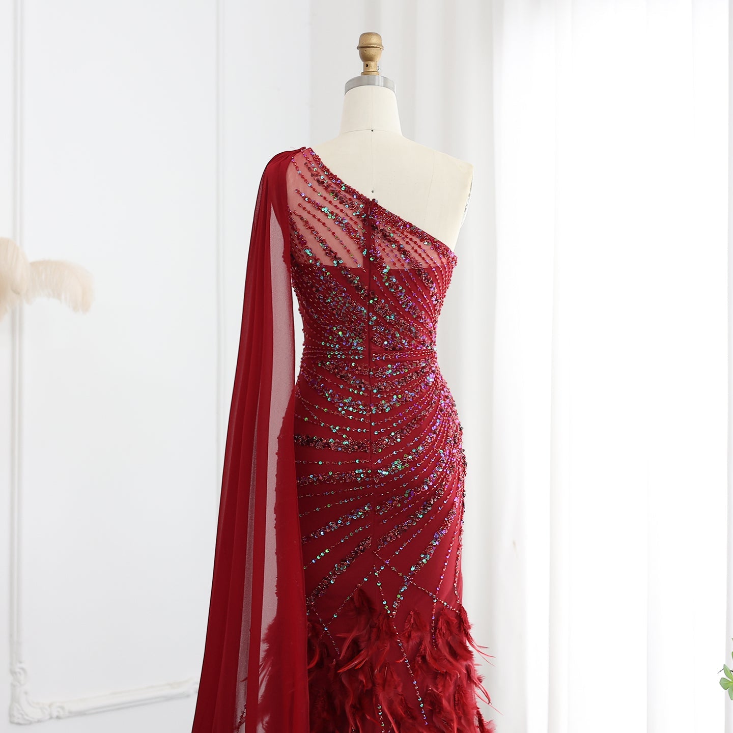 Turquoise One-Shoulder Mermaid Evening Dress with Beading & Feather SS498 Sheer Fairy