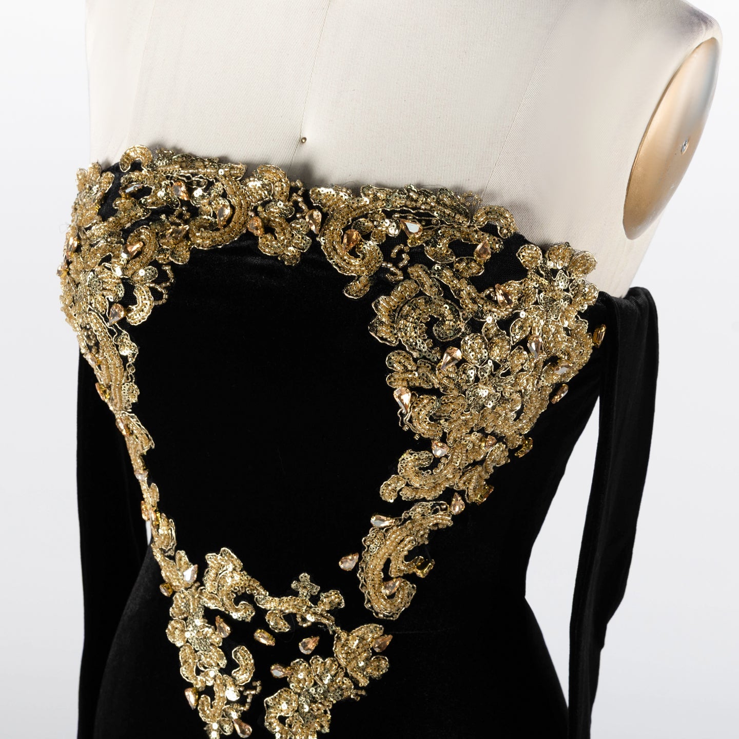 Black Velvet Strapless Evening Dress with Gold Baroque Embroidery ST030 Sheer Fairy