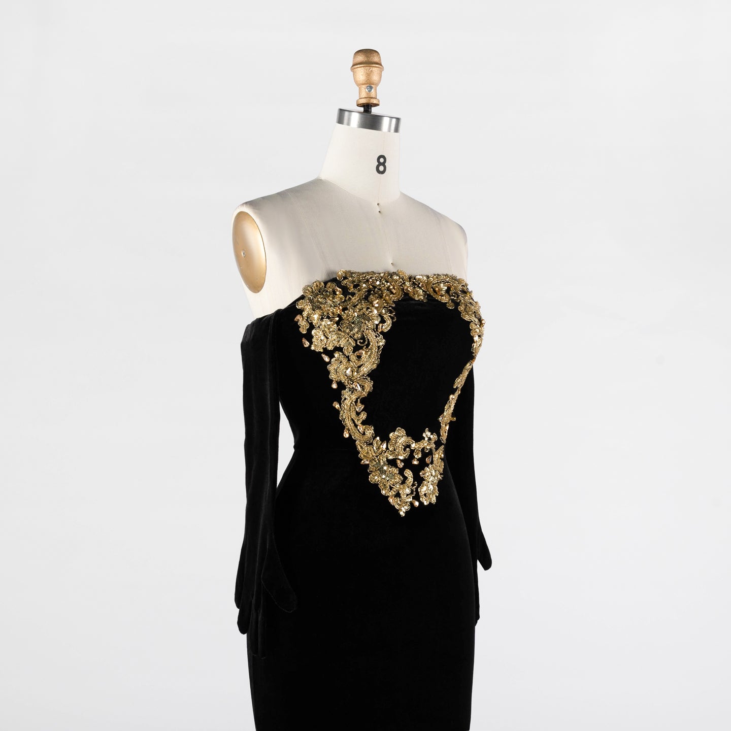 Black Velvet Strapless Evening Dress with Gold Baroque Embroidery ST030 Sheer Fairy