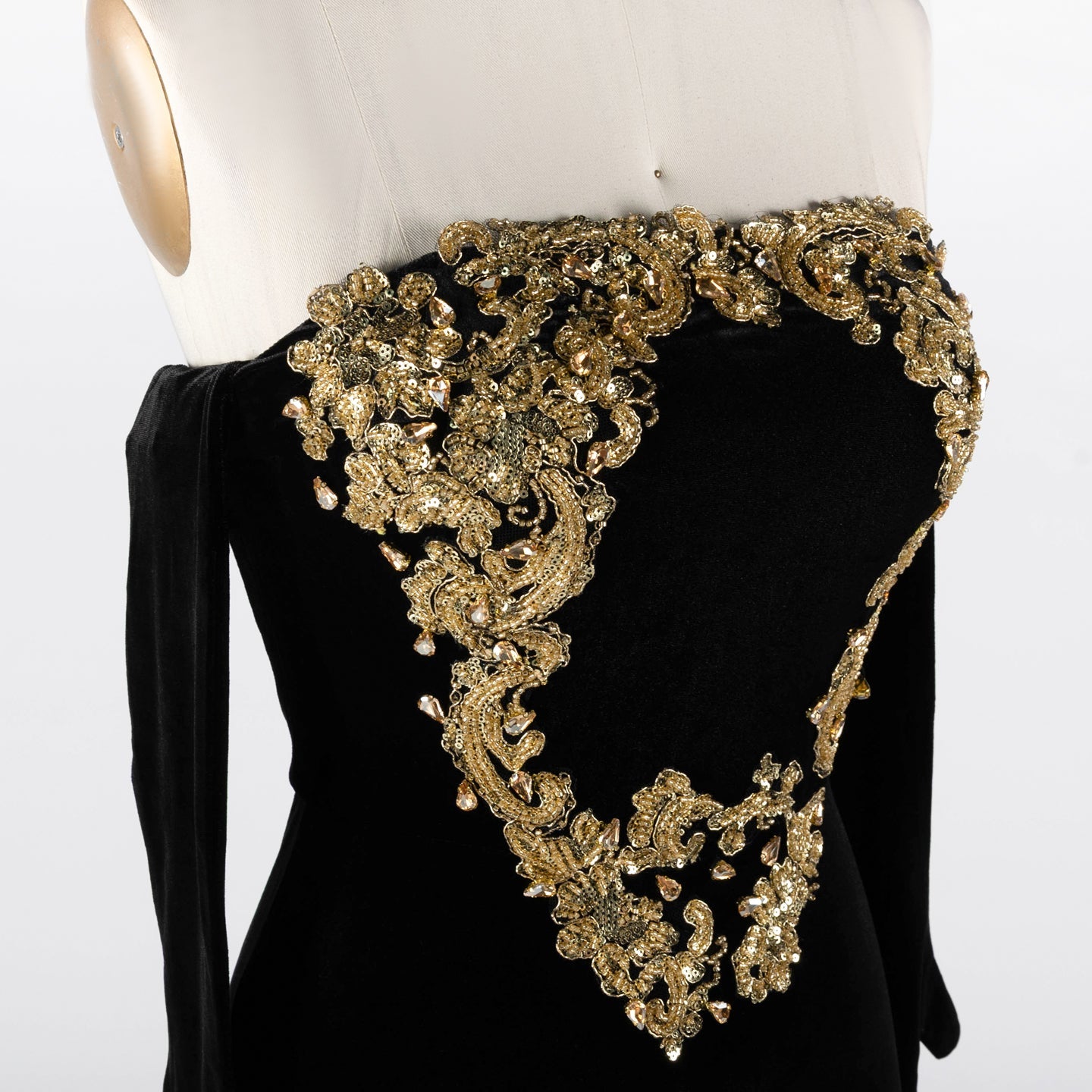 Black Velvet Strapless Evening Dress with Gold Baroque Embroidery ST030 Sheer Fairy