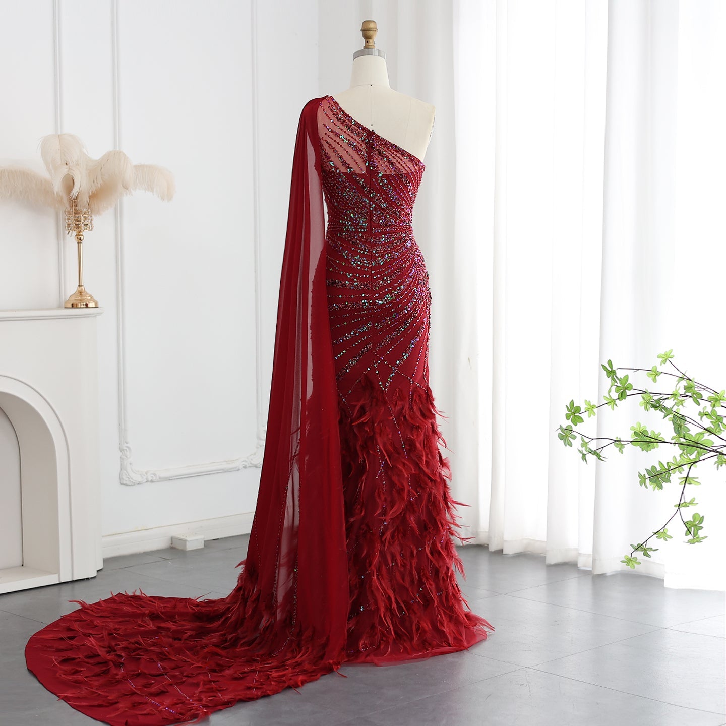Turquoise One-Shoulder Mermaid Evening Dress with Beading & Feather SS498 Sheer Fairy