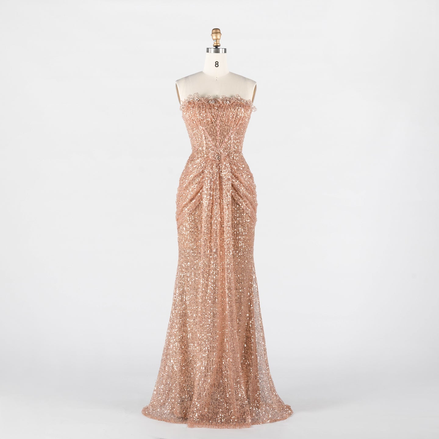 Rose Gold Sequin Strapless Draped Column Mermaid Evening Gown ST017 Sheer Fairy