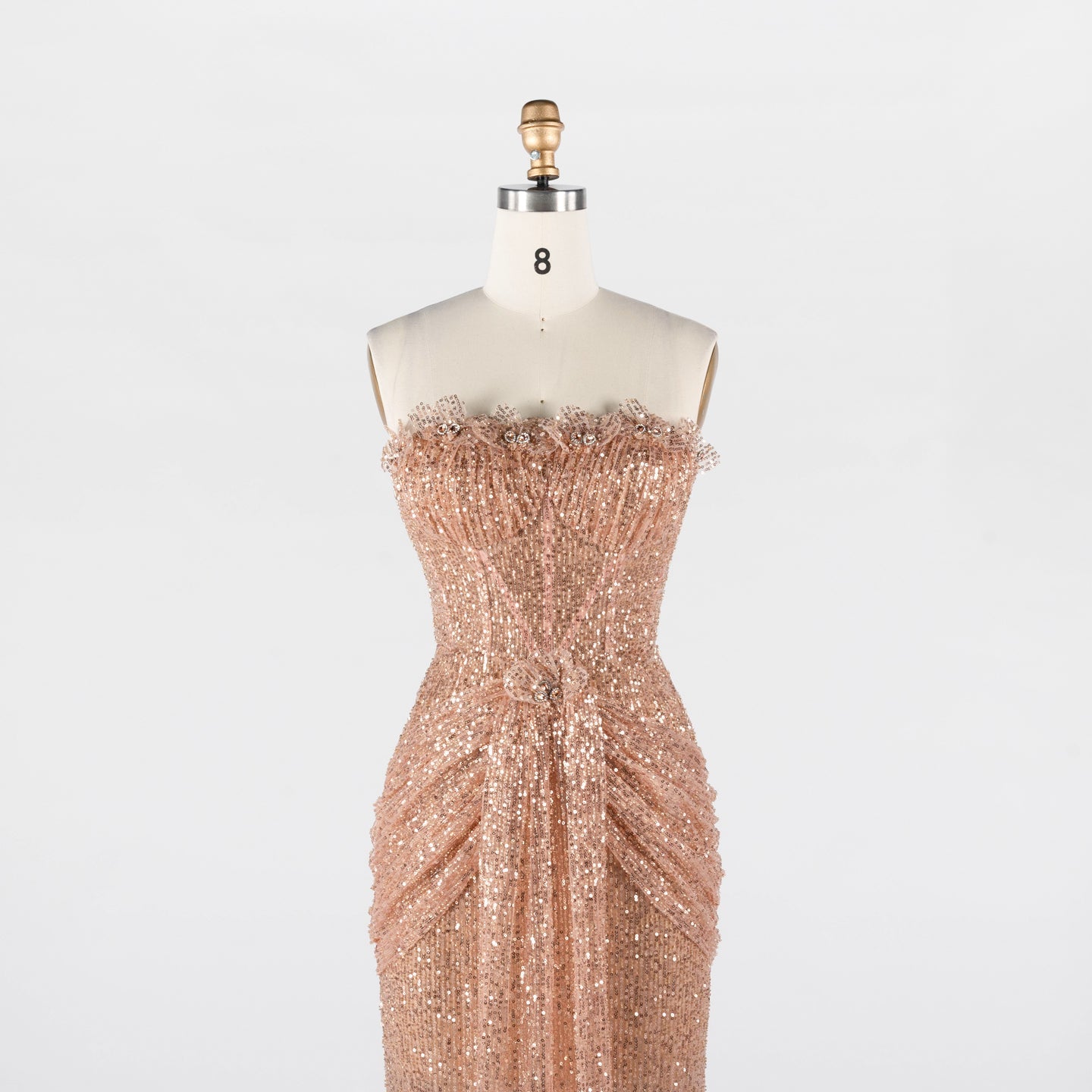 Rose Gold Sequin Strapless Draped Column Mermaid Evening Gown ST017 Sheer Fairy