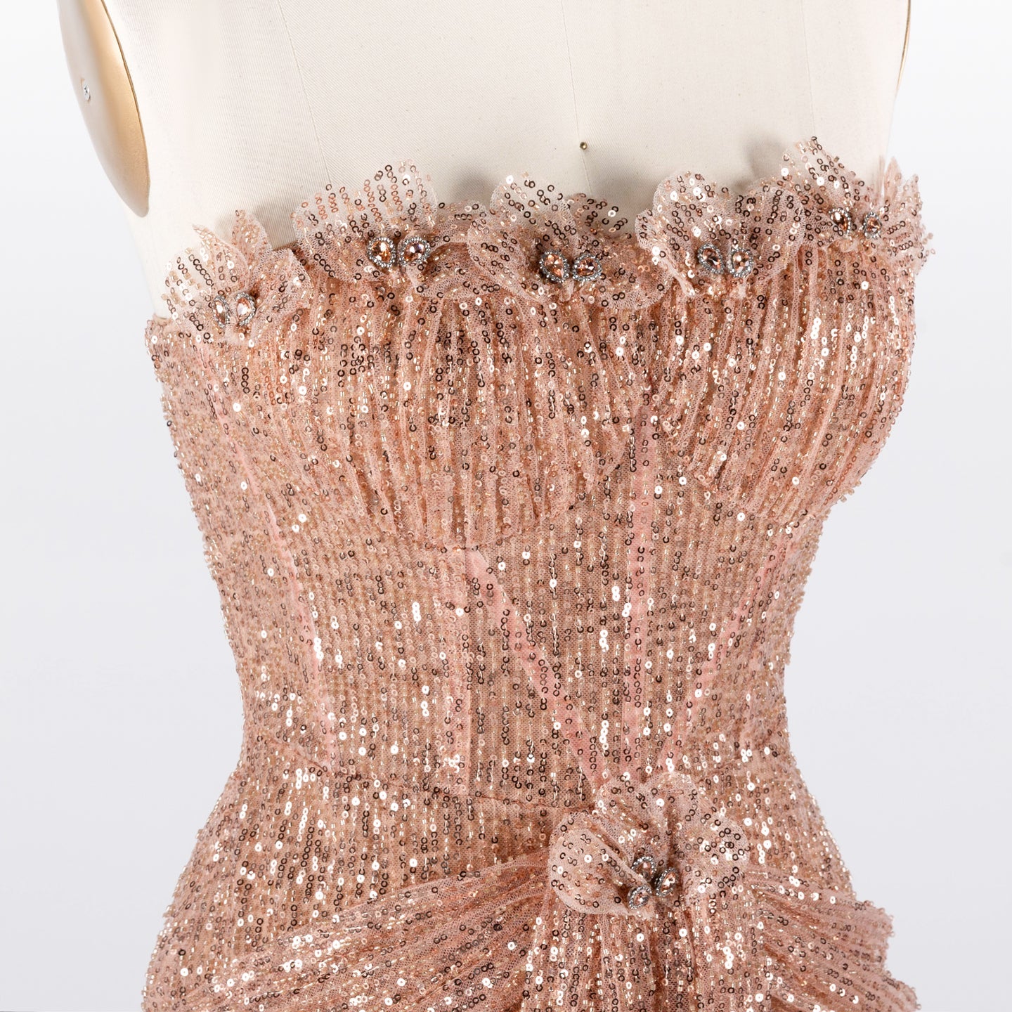 Rose Gold Sequin Strapless Draped Column Mermaid Evening Gown ST017 Sheer Fairy