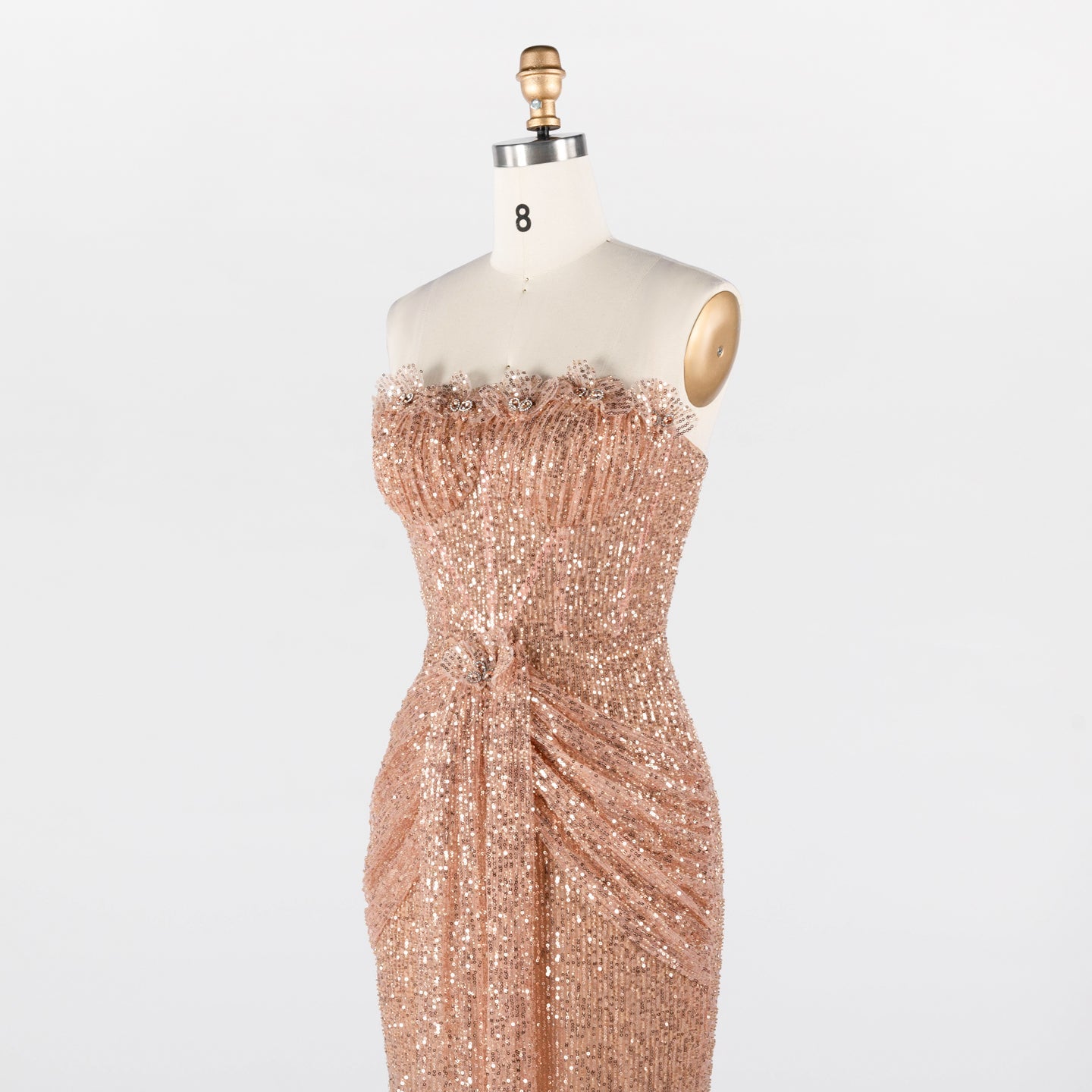 Rose Gold Sequin Strapless Draped Column Mermaid Evening Gown ST017 Sheer Fairy