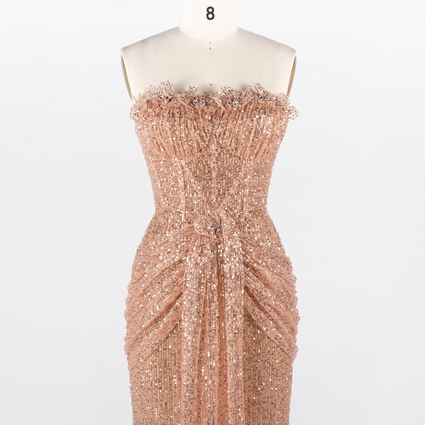 Rose Gold Sequin Strapless Draped Column Mermaid Evening Gown ST017 Sheer Fairy