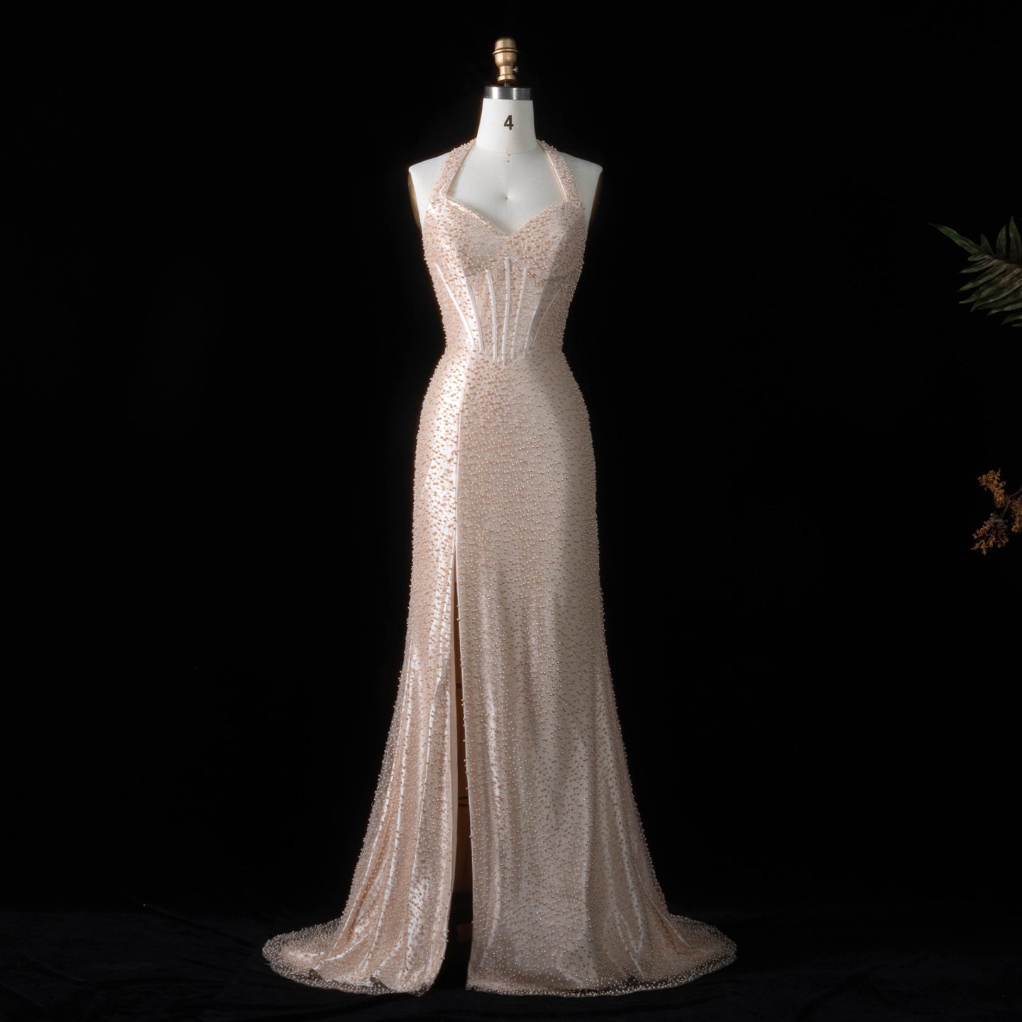 Elegant Champagne Halter Neck Mermaid Prom Dress with Beaded Bodice SH187 Sheer Fairy