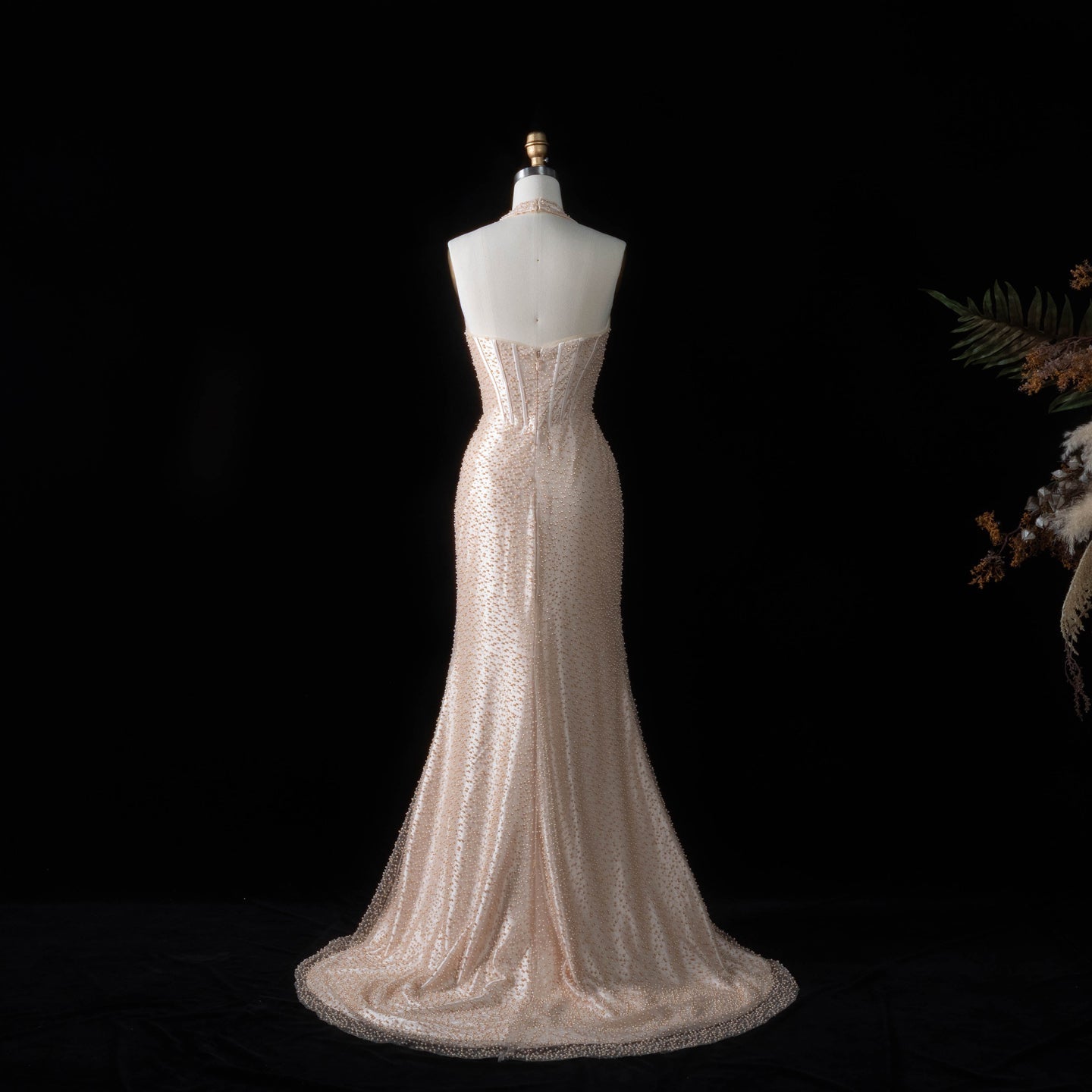 Elegant Champagne Halter Neck Mermaid Prom Dress with Beaded Bodice SH187 Sheer Fairy