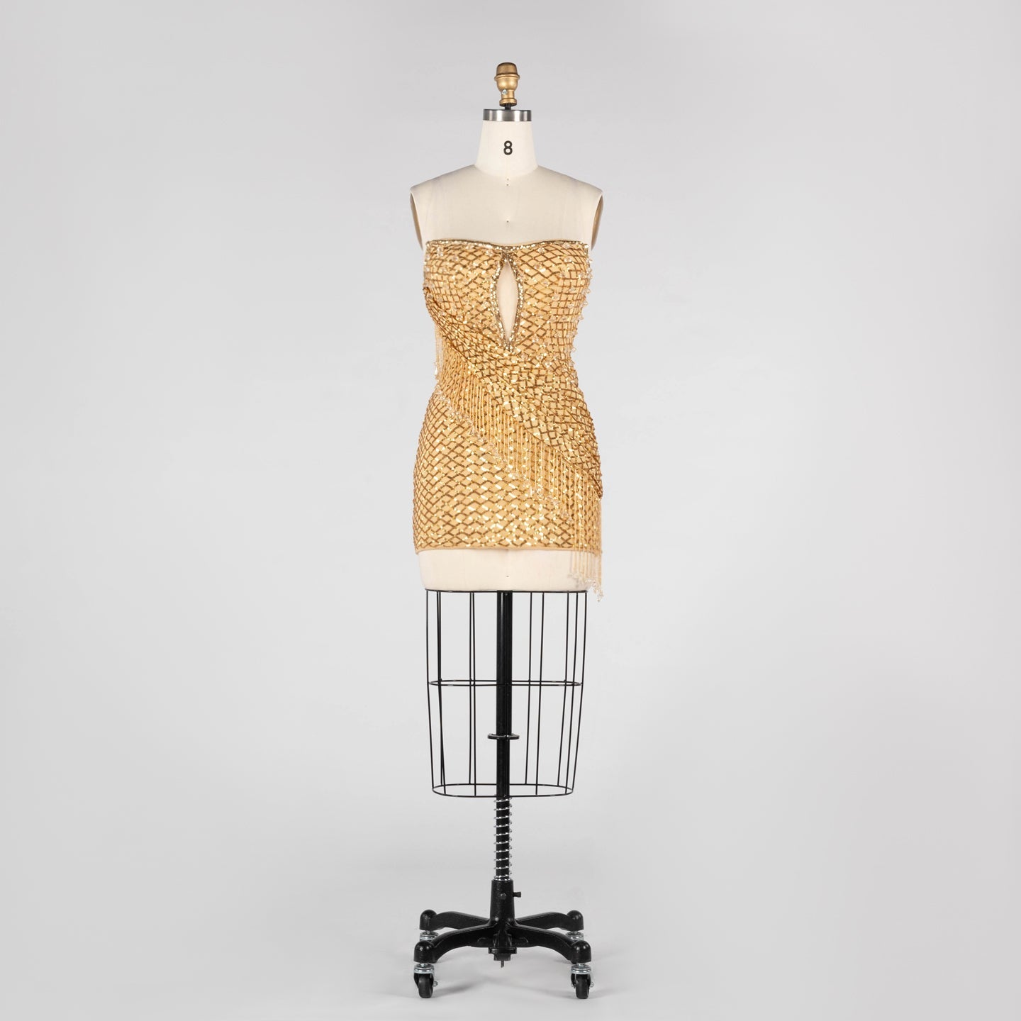 Gold Sequin Strapless Mini Evening Dress with Fringe Tassel and Cutout ST031 Sheer Fairy
