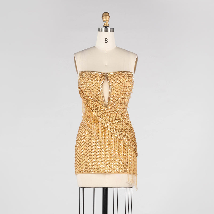 Gold Sequin Strapless Mini Evening Dress with Fringe Tassel and Cutout ST031 Sheer Fairy