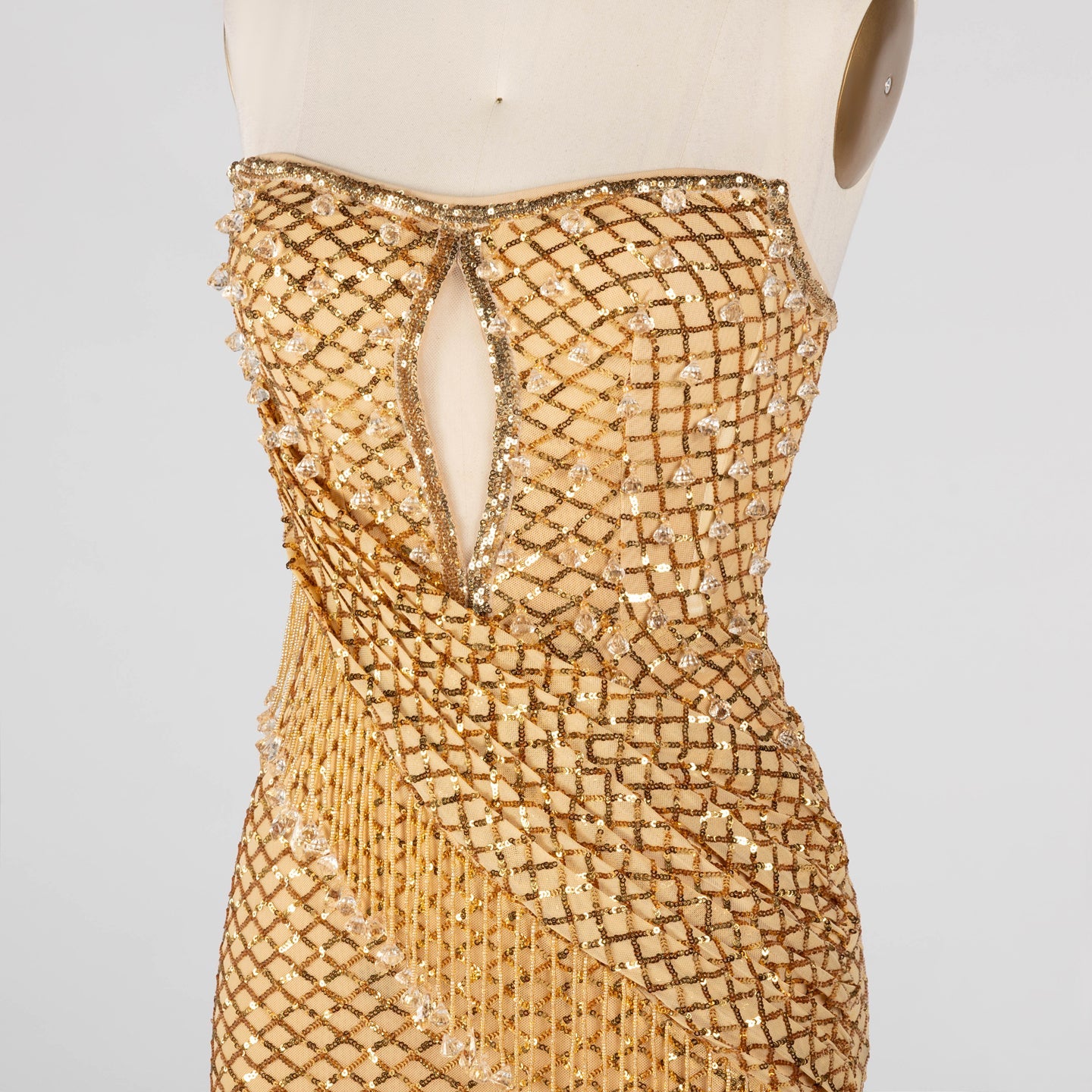 Gold Sequin Strapless Mini Evening Dress with Fringe Tassel and Cutout ST031 Sheer Fairy