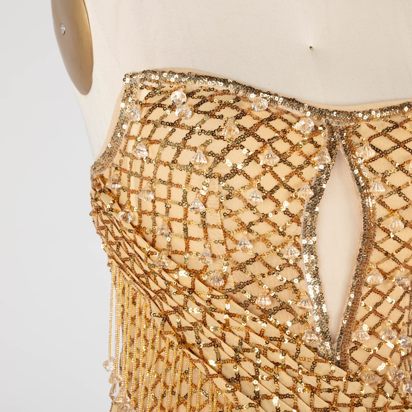Gold Sequin Strapless Mini Evening Dress with Fringe Tassel and Cutout ST031 Sheer Fairy