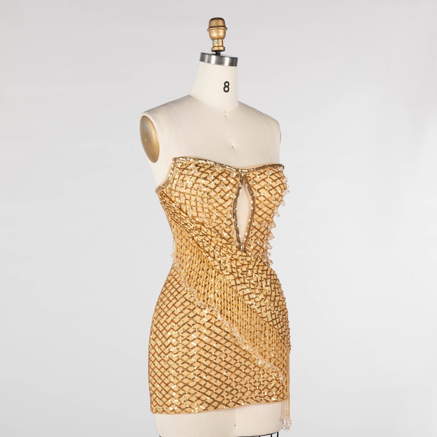 Gold Sequin Strapless Mini Evening Dress with Fringe Tassel and Cutout ST031 Sheer Fairy
