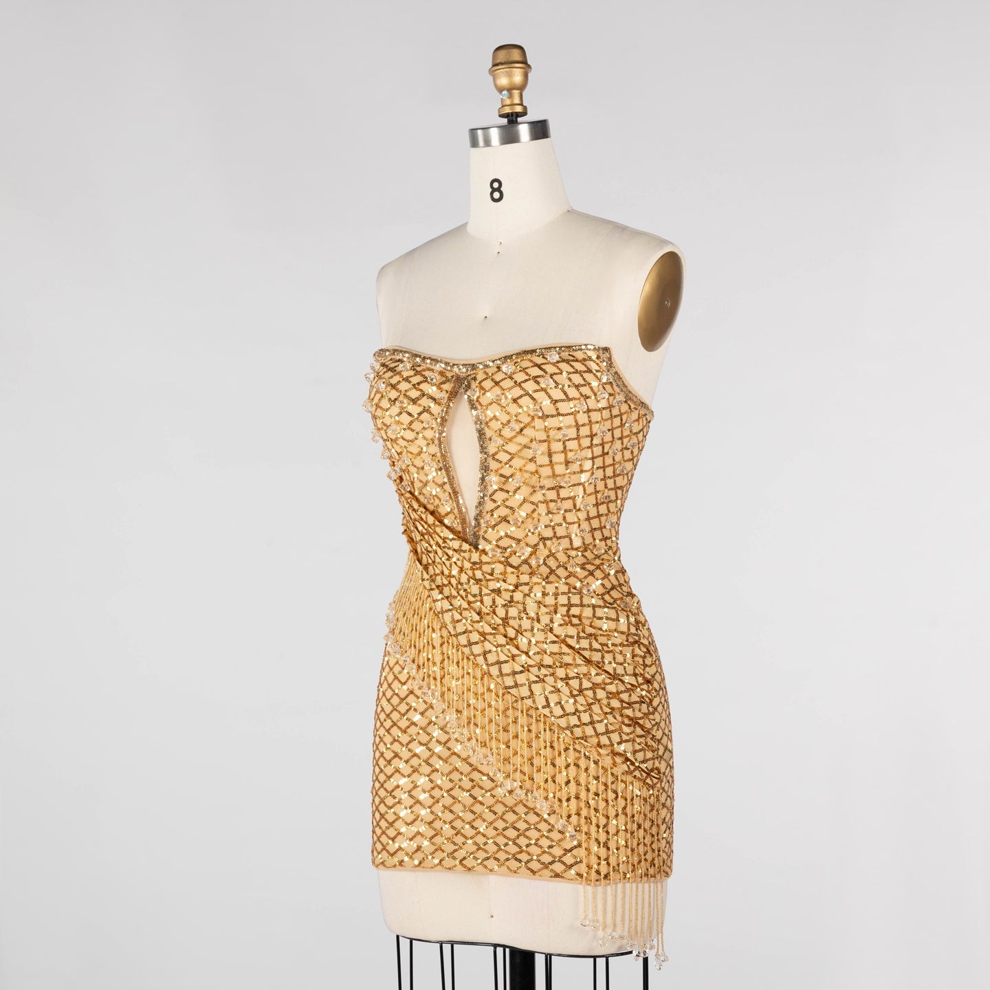 Gold Sequin Strapless Mini Evening Dress with Fringe Tassel and Cutout ST031 Sheer Fairy