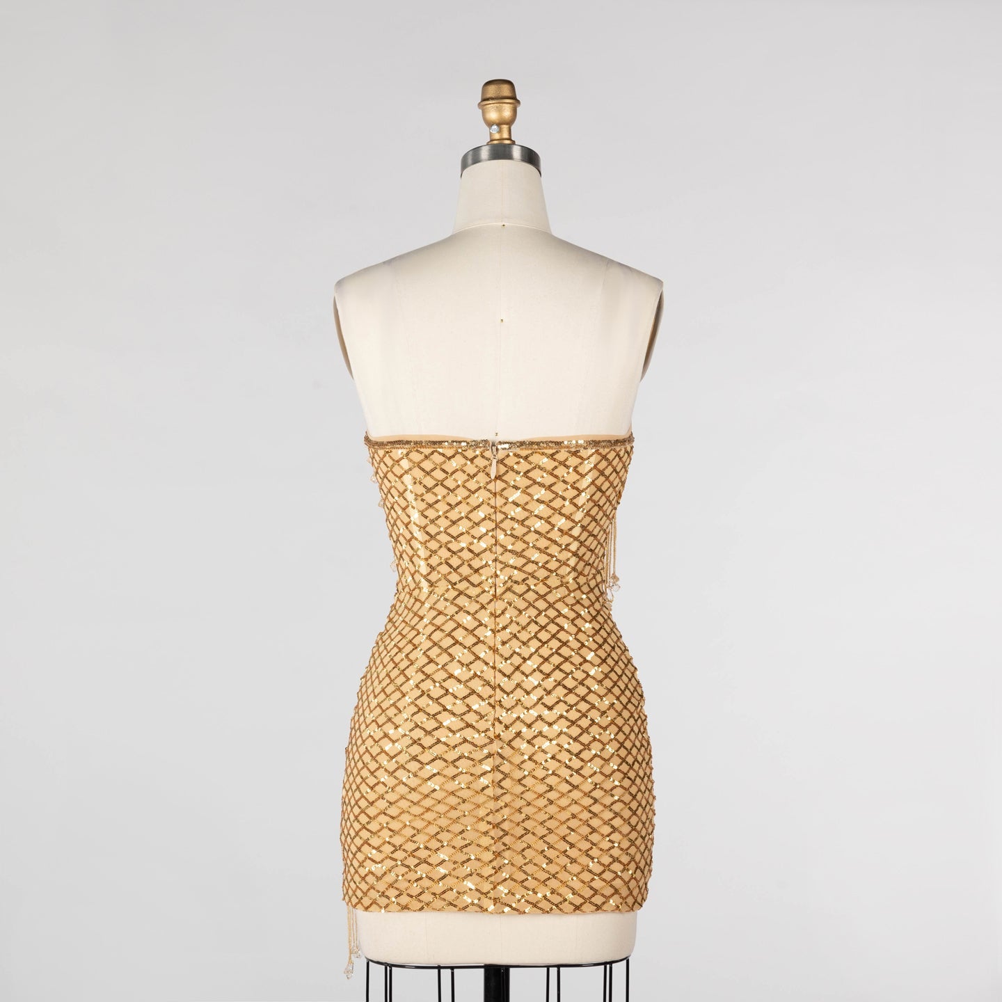 Gold Sequin Strapless Mini Evening Dress with Fringe Tassel and Cutout ST031 Sheer Fairy