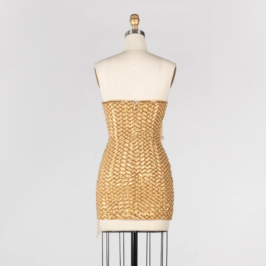 Gold Sequin Strapless Mini Evening Dress with Fringe Tassel and Cutout ST031 Sheer Fairy