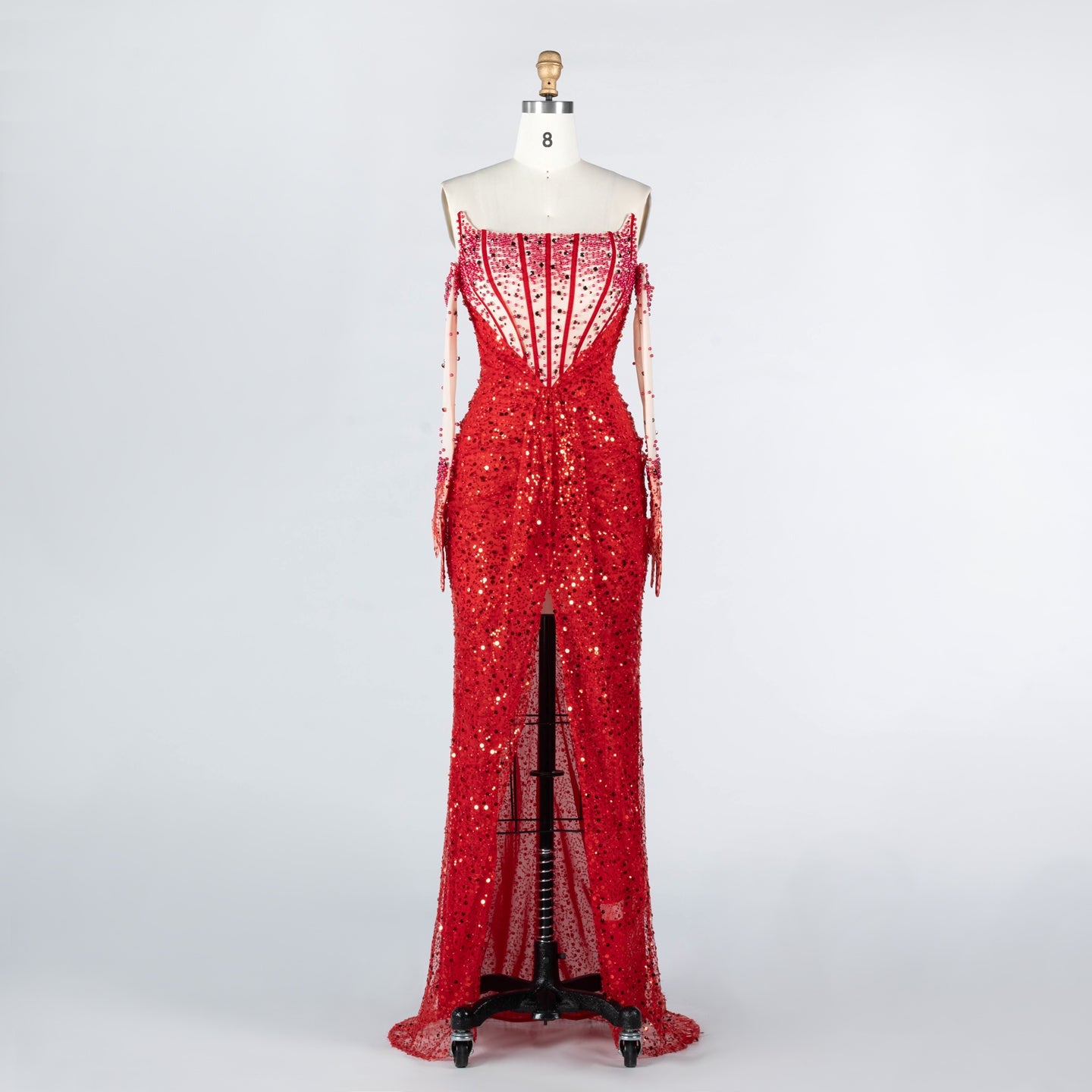 Red Sequin High Slit Evening Dress with Boned Corset and Matching Sleeves ST024 Sheer Fairy