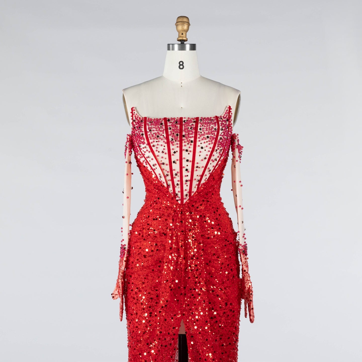 Red Sequin High Slit Evening Dress with Boned Corset and Matching Sleeves ST024 Sheer Fairy