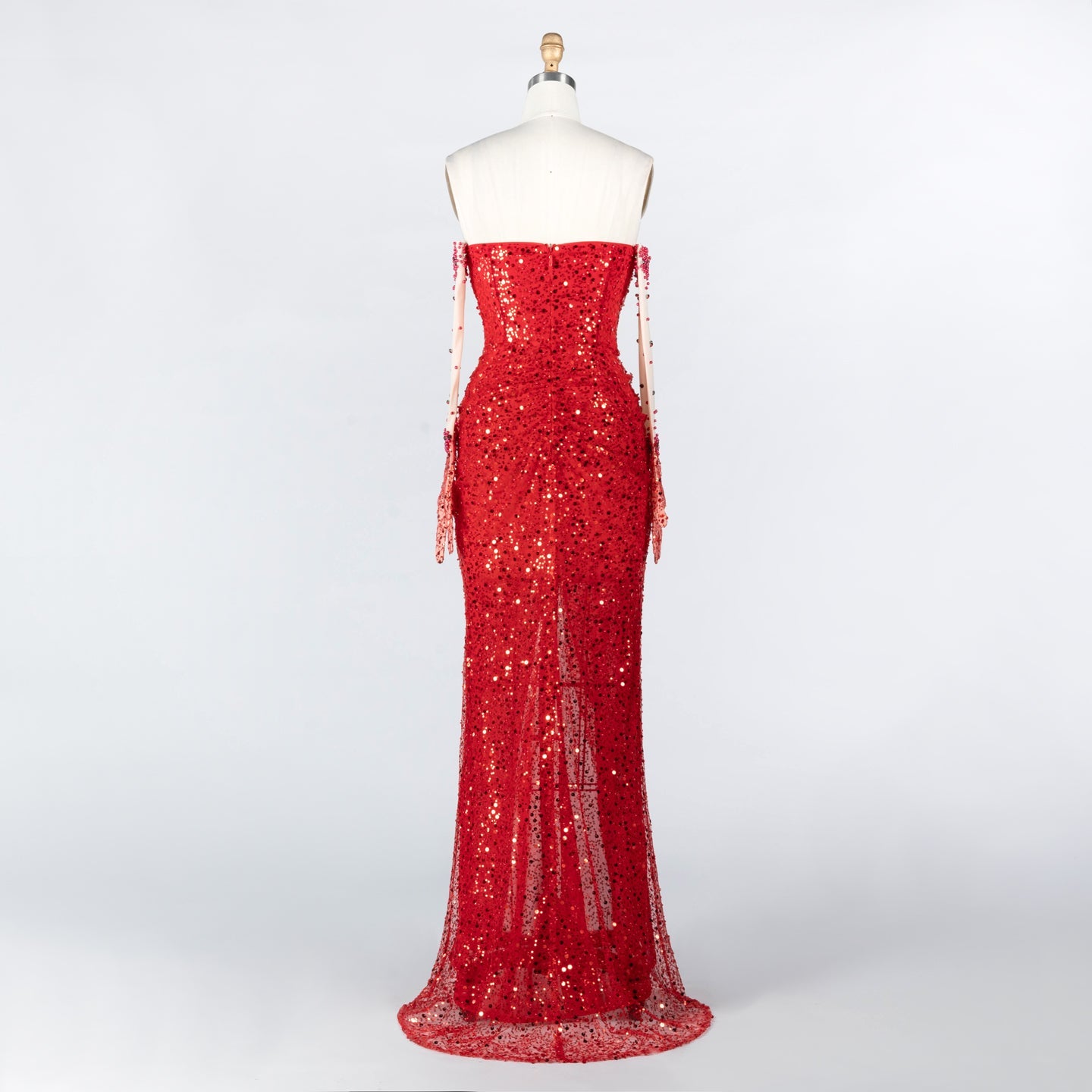 Red Sequin High Slit Evening Dress with Boned Corset and Matching Sleeves ST024 Sheer Fairy