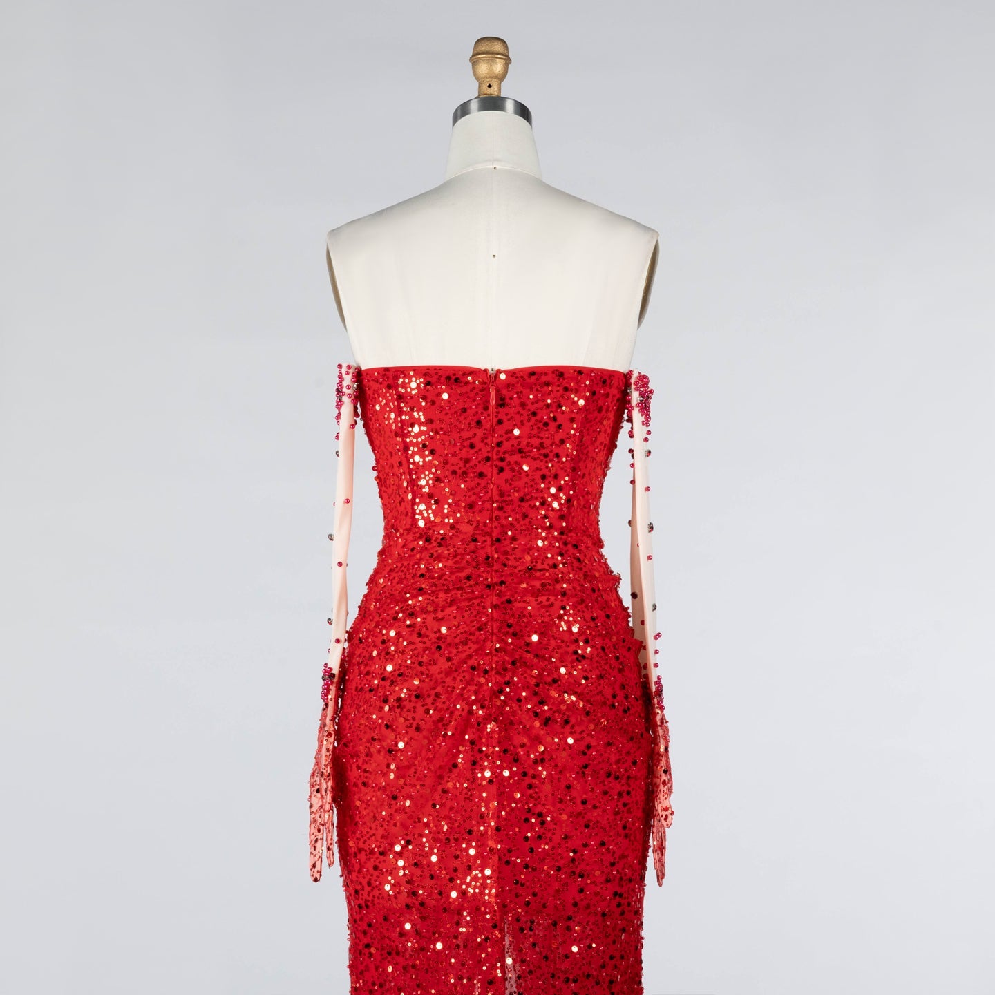 Red Sequin High Slit Evening Dress with Boned Corset and Matching Sleeves ST024 Sheer Fairy