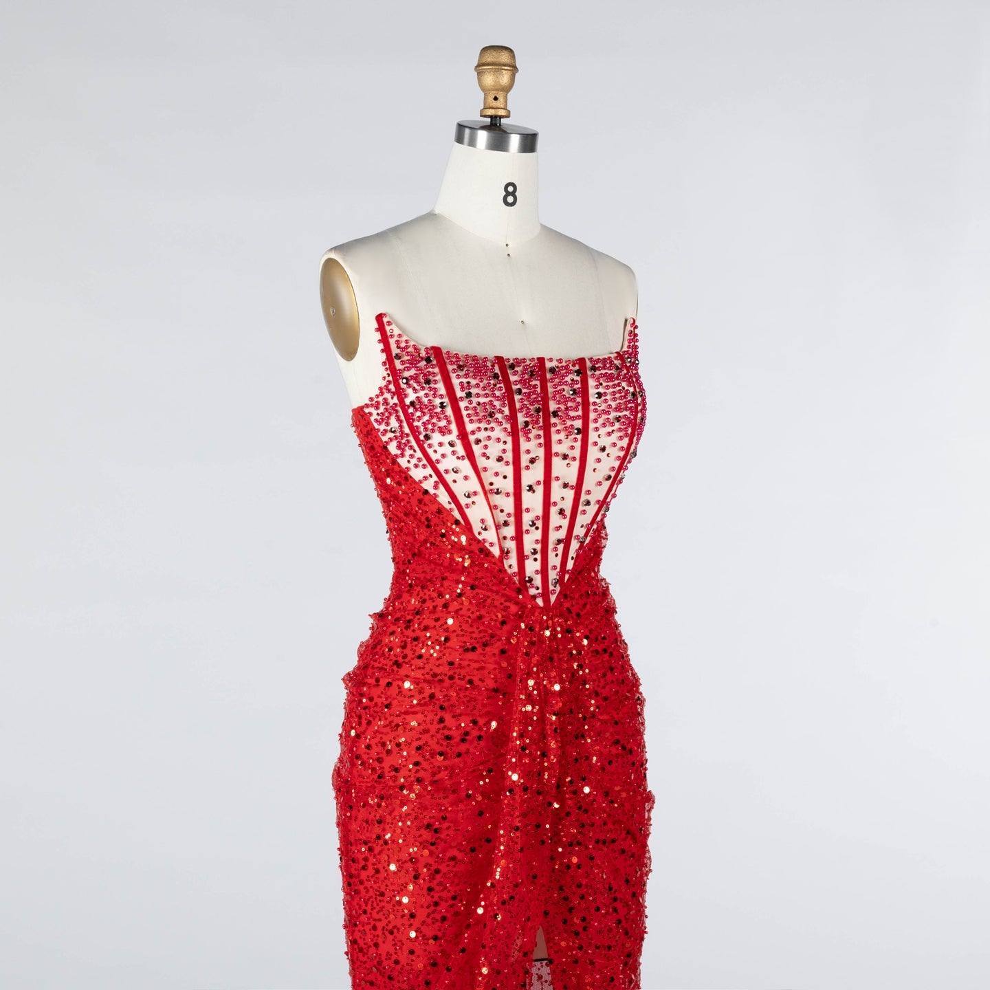 Red Sequin High Slit Evening Dress with Boned Corset and Matching Sleeves ST024 Sheer Fairy