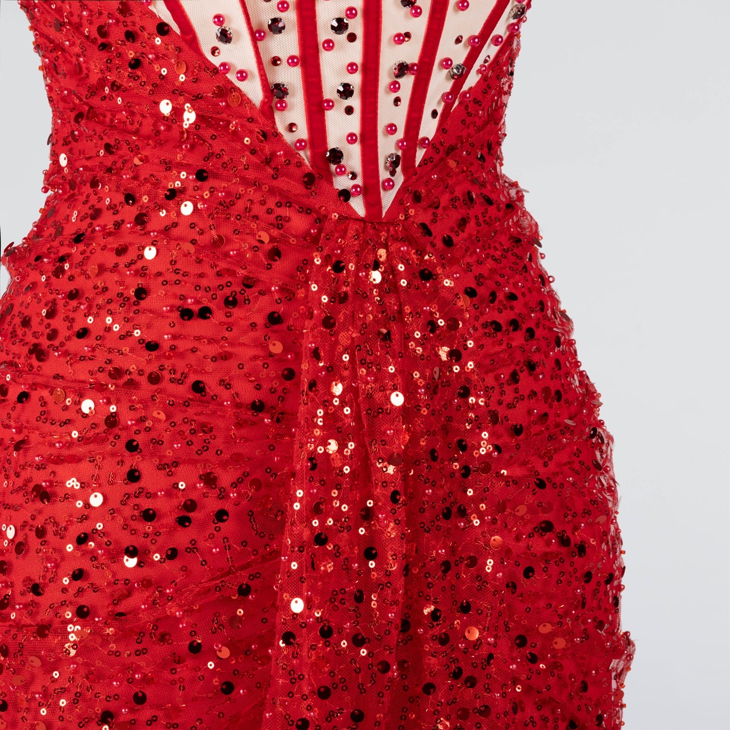Red Sequin High Slit Evening Dress with Boned Corset and Matching Sleeves ST024 Sheer Fairy