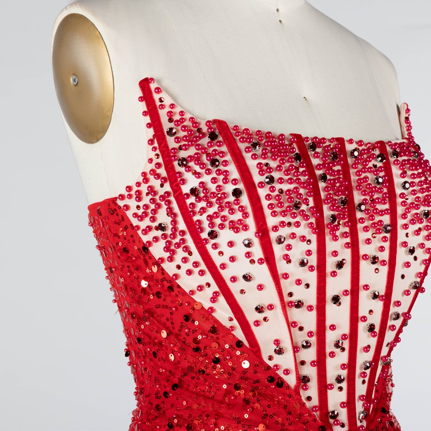 Red Sequin High Slit Evening Dress with Boned Corset and Matching Sleeves ST024 Sheer Fairy