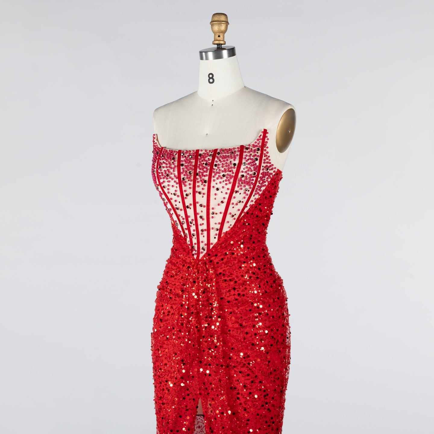 Red Sequin High Slit Evening Dress with Boned Corset and Matching Sleeves ST024 Sheer Fairy
