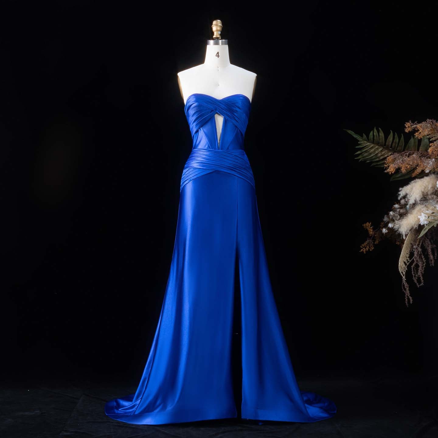 Elegant Royal Blue Strapless Satin Prom Dress with Slit SH189 Sheer Fairy