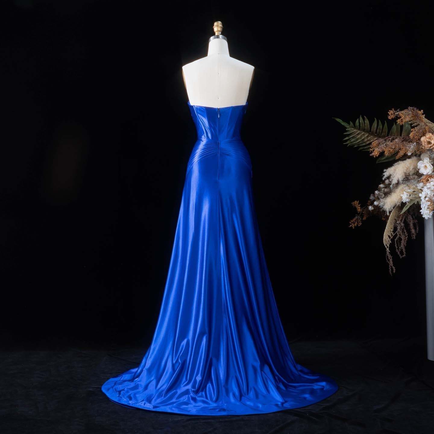 Elegant Royal Blue Strapless Satin Prom Dress with Slit SH189 Sheer Fairy