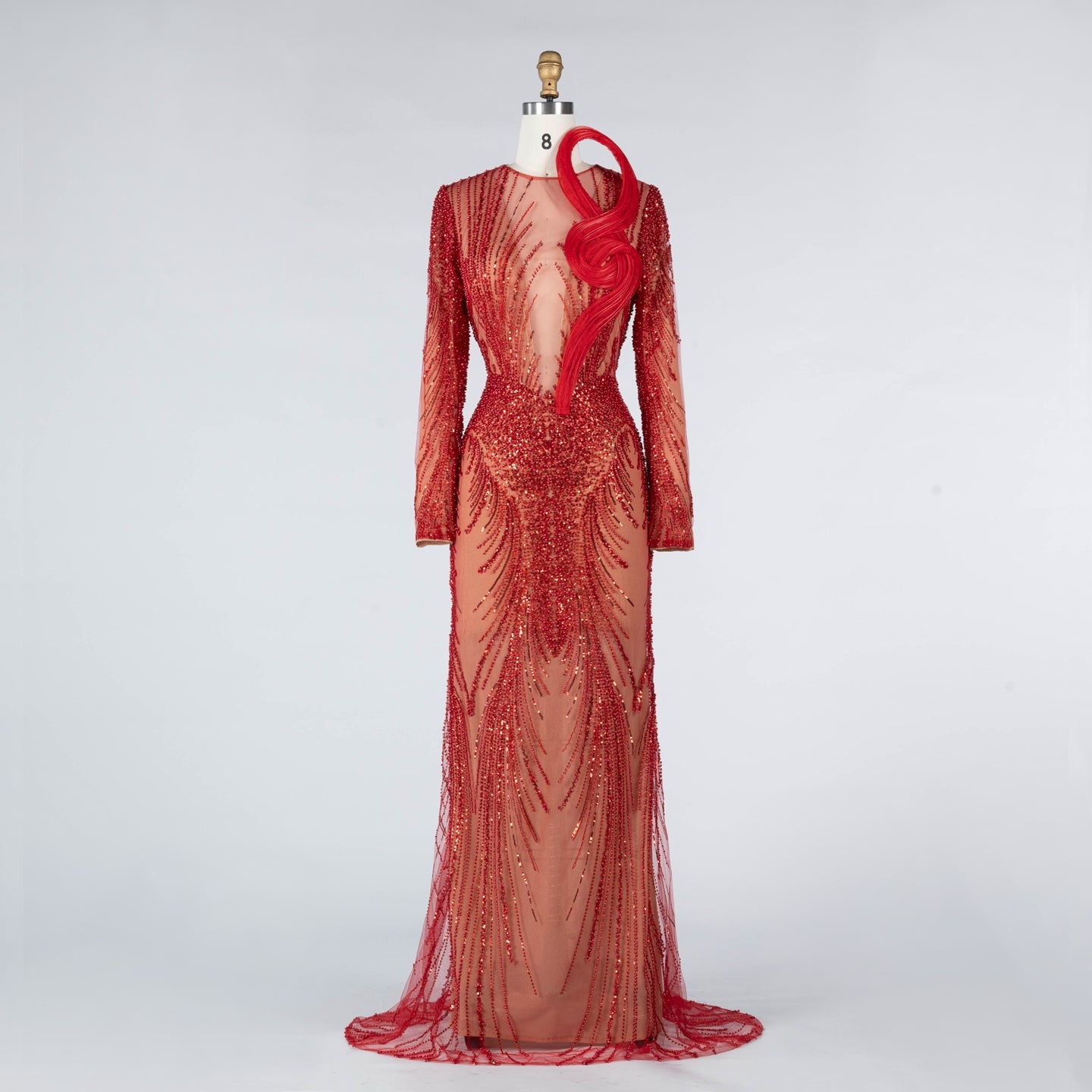 Red Sequin Beaded Long Sleeve Evening Dress with 3D Sculptural Neck Detail ST020 Sheer Fairy