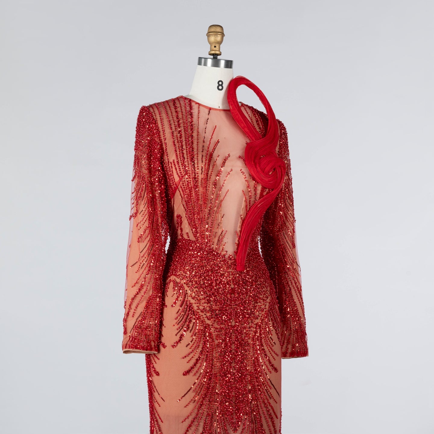 Red Sequin Beaded Long Sleeve Evening Dress with 3D Sculptural Neck Detail ST020 Sheer Fairy