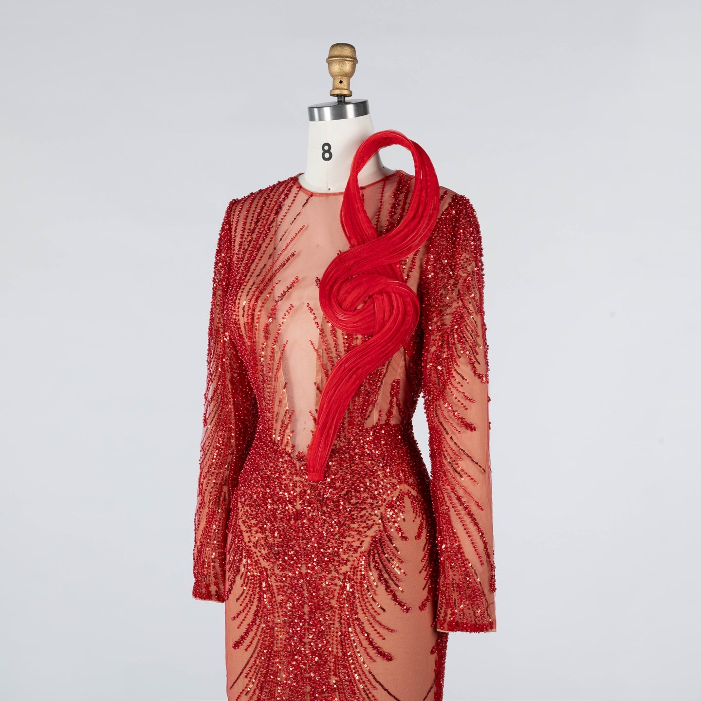 Red Sequin Beaded Long Sleeve Evening Dress with 3D Sculptural Neck Detail ST020 Sheer Fairy