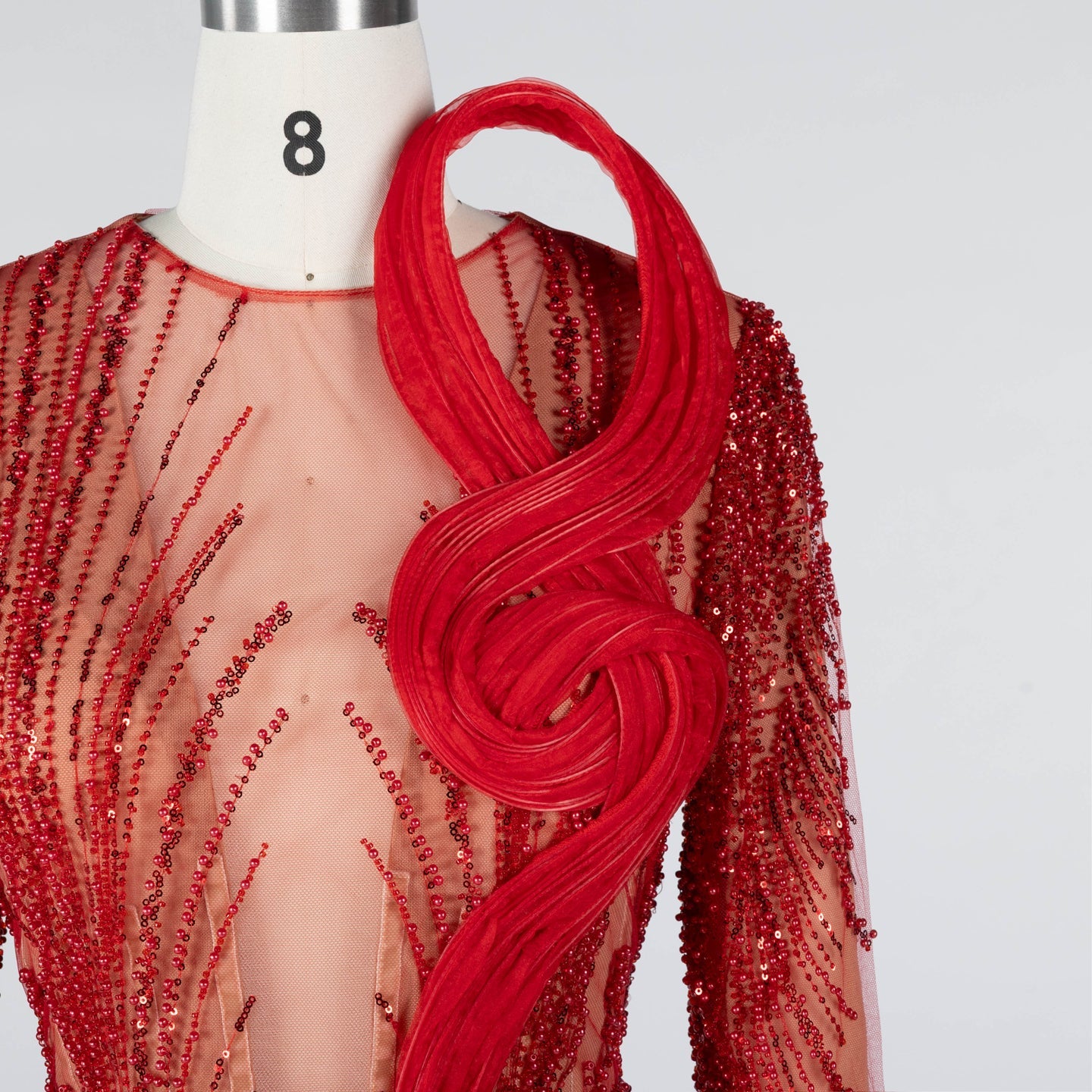 Red Sequin Beaded Long Sleeve Evening Dress with 3D Sculptural Neck Detail ST020 Sheer Fairy