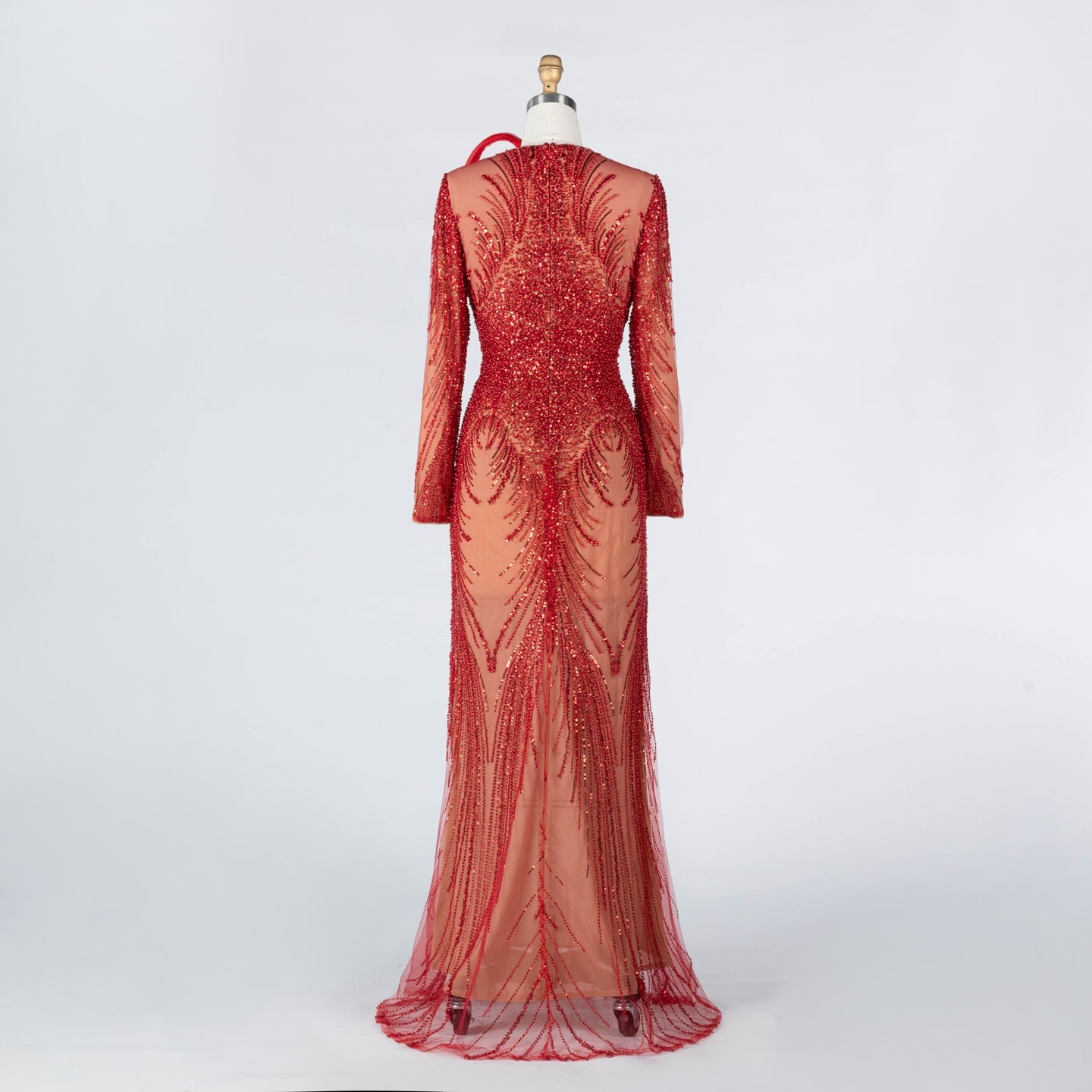 Red Sequin Beaded Long Sleeve Evening Dress with 3D Sculptural Neck Detail ST020 Sheer Fairy