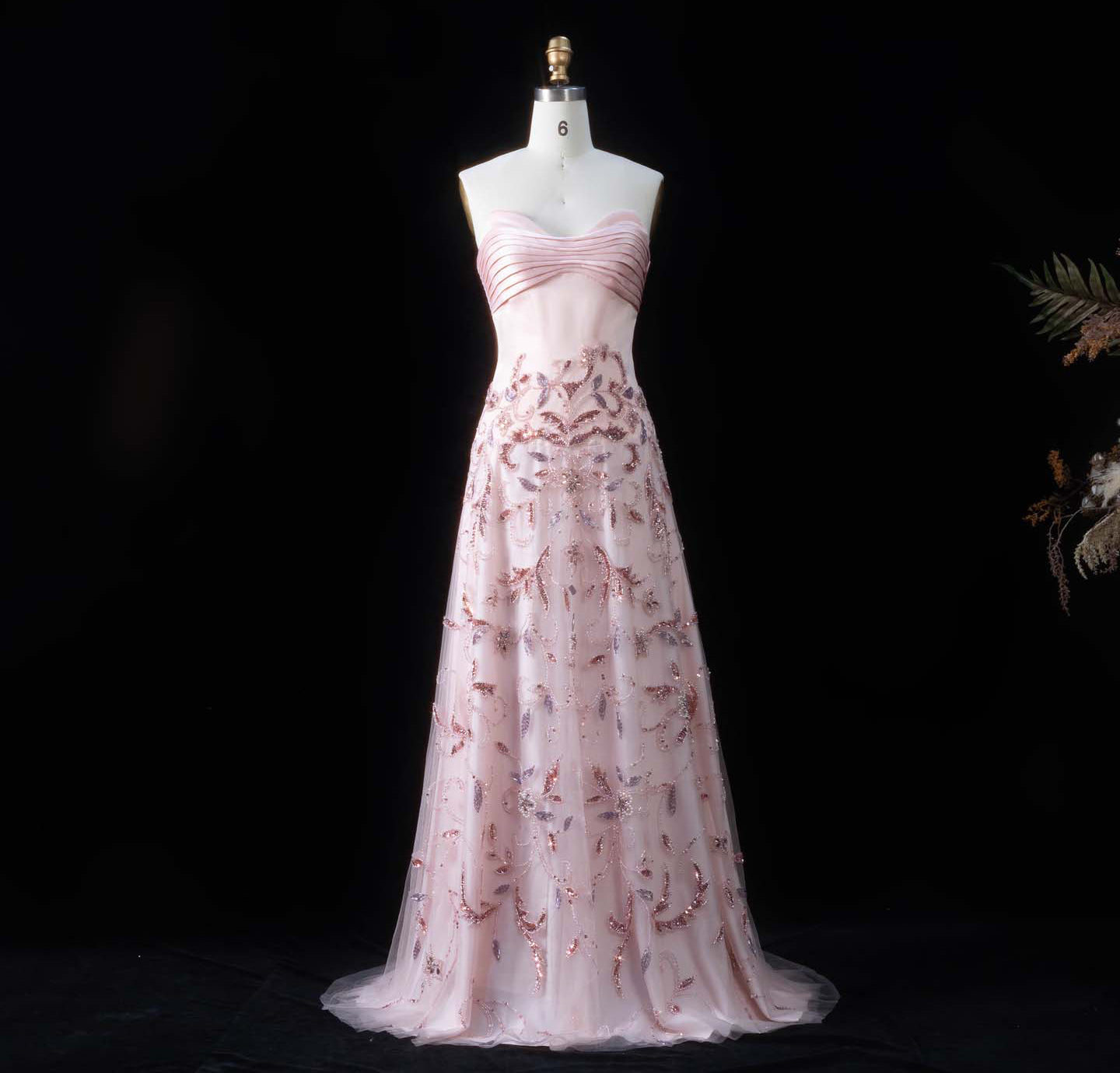 Blush Pink Strapless Sweetheart Beaded Floral A-Line Evening Gown SS529 Sheer Fairy